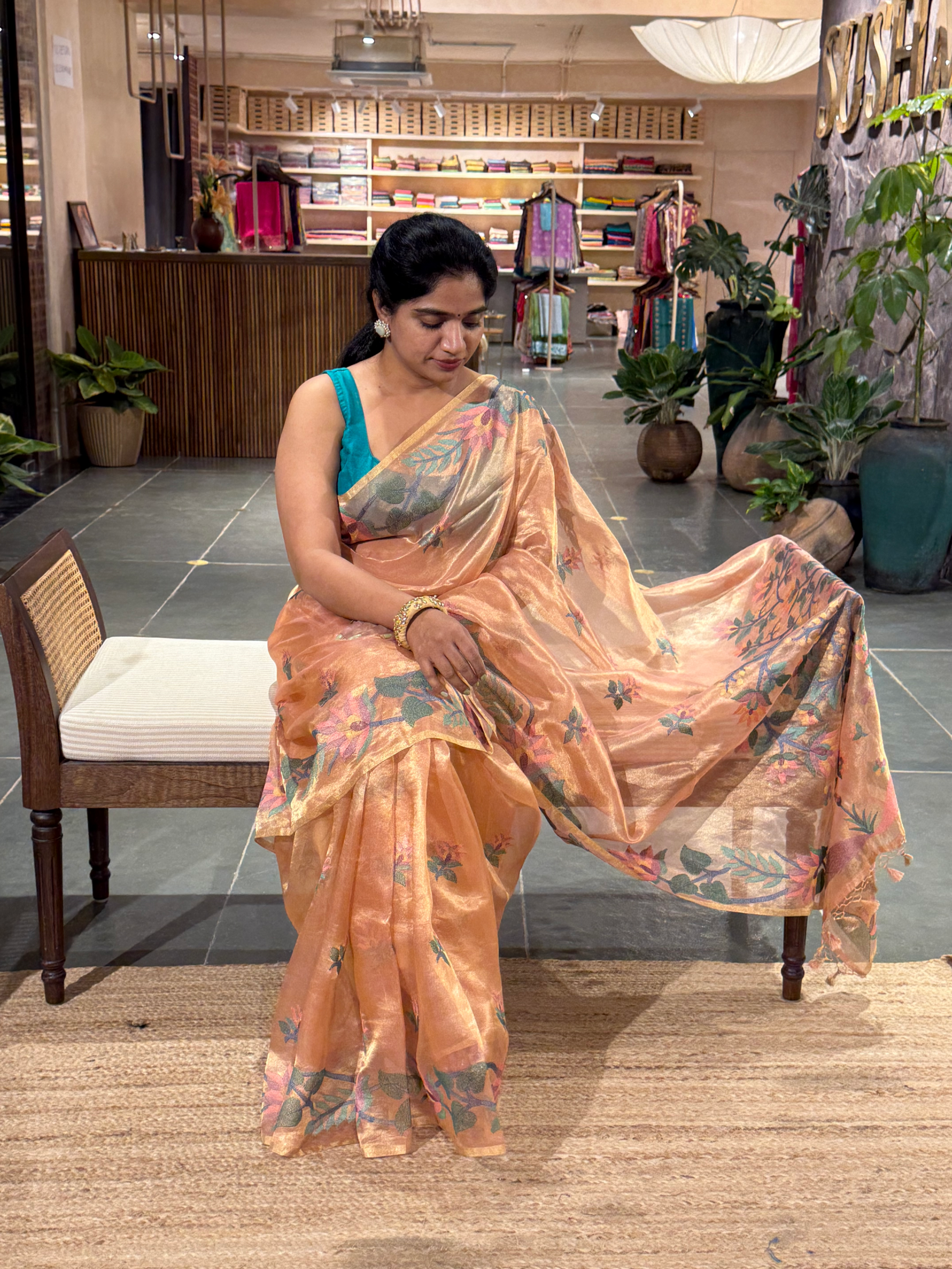 STJA207 : Peach Tissue With Jamdani Look Embroidery