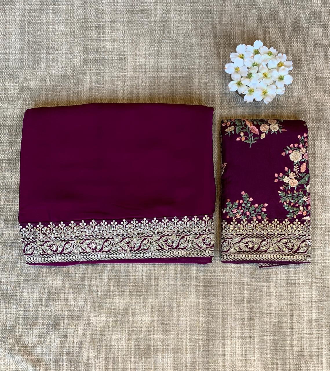 Wine Pure Satin Silk Saree With Sabhya Borders & Allover Emb Blouse