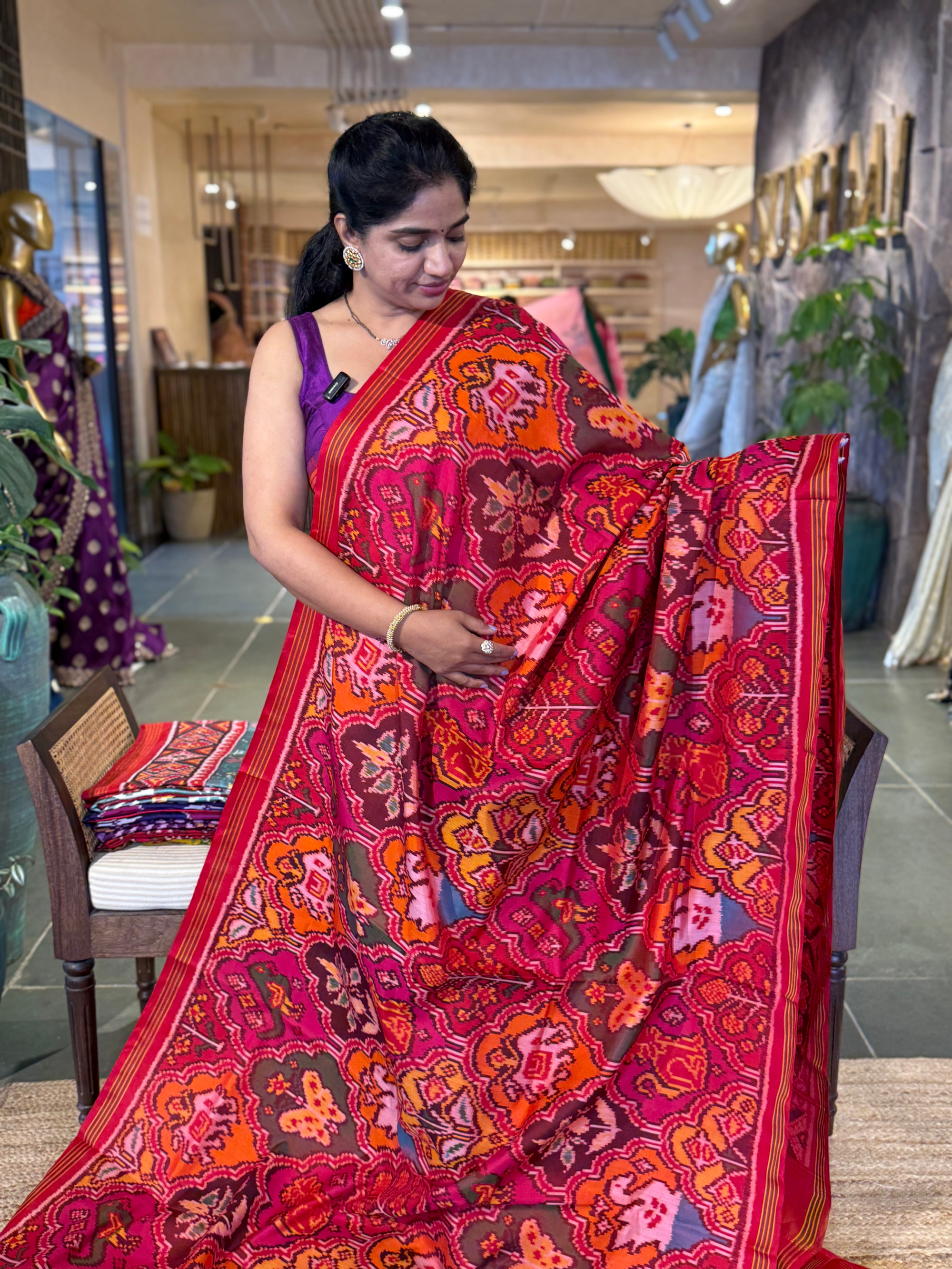 Orange , Red & yellow Combo Pure Patan Patola Saree With Allover Creeper Design