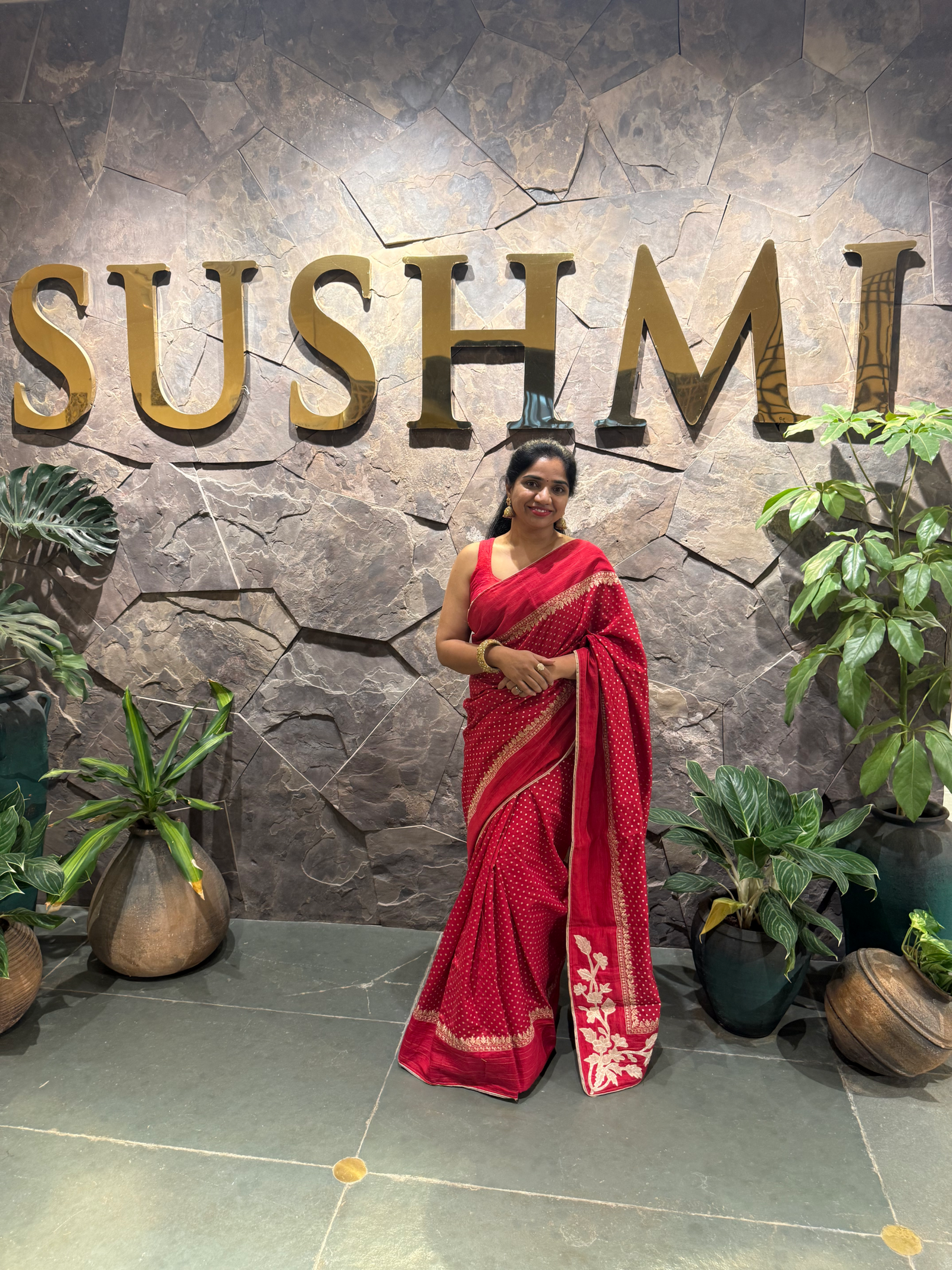 Red Chiniya Silk Saree with Embroidery Border & Applique Creeper Pallu