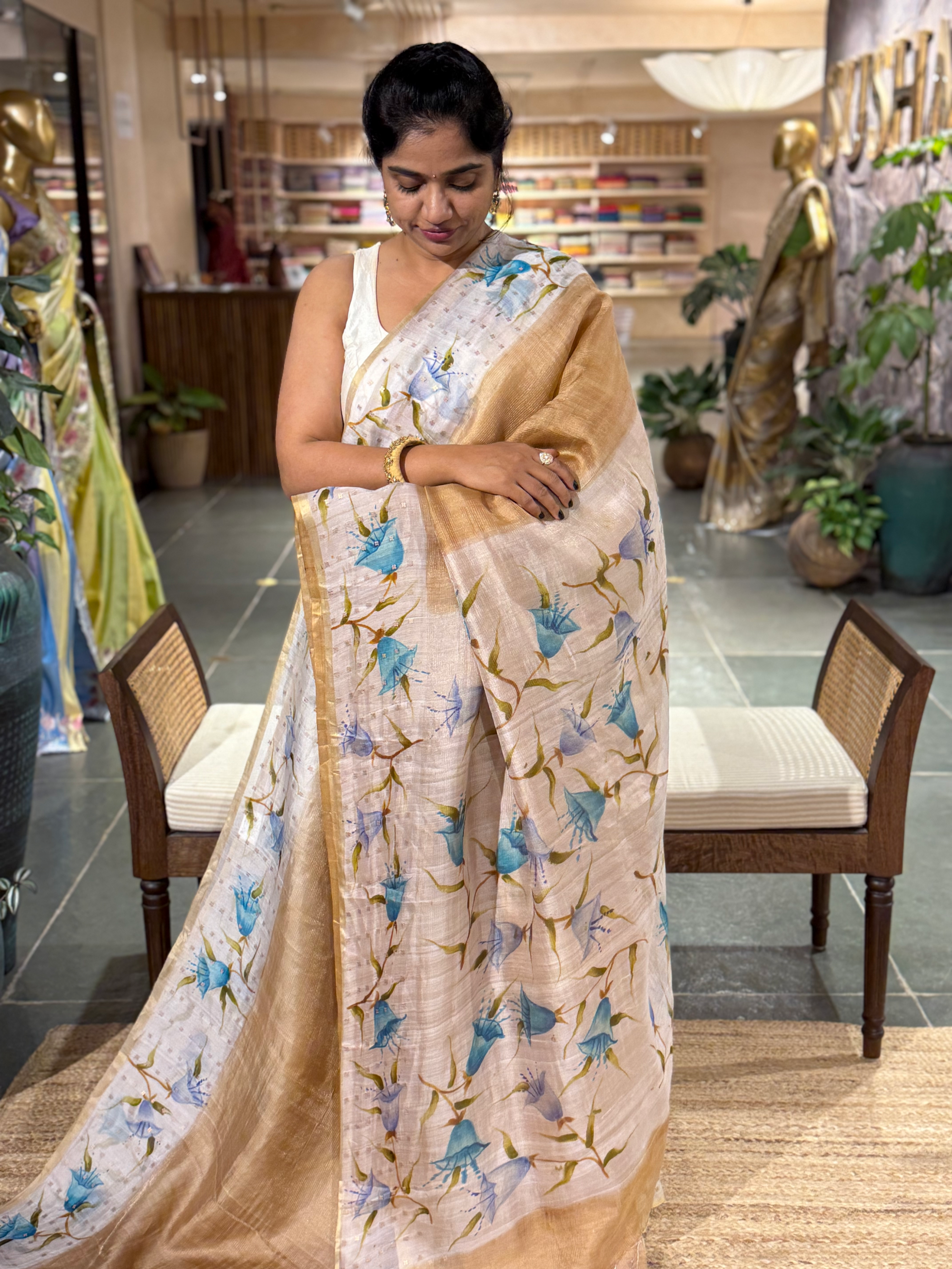 Tussar Kota Tissue Saree with Handpainted Muslin Border and Pallu
