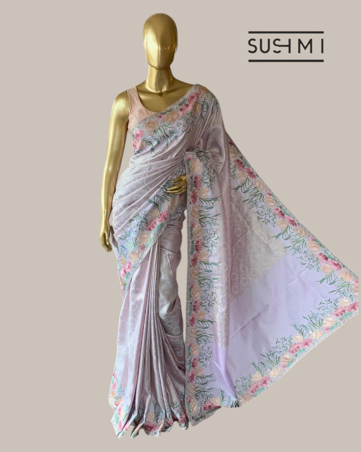 Lilac Kanjeevaram Brocade Saree Beautiful Pond Theme Embroidered Border.