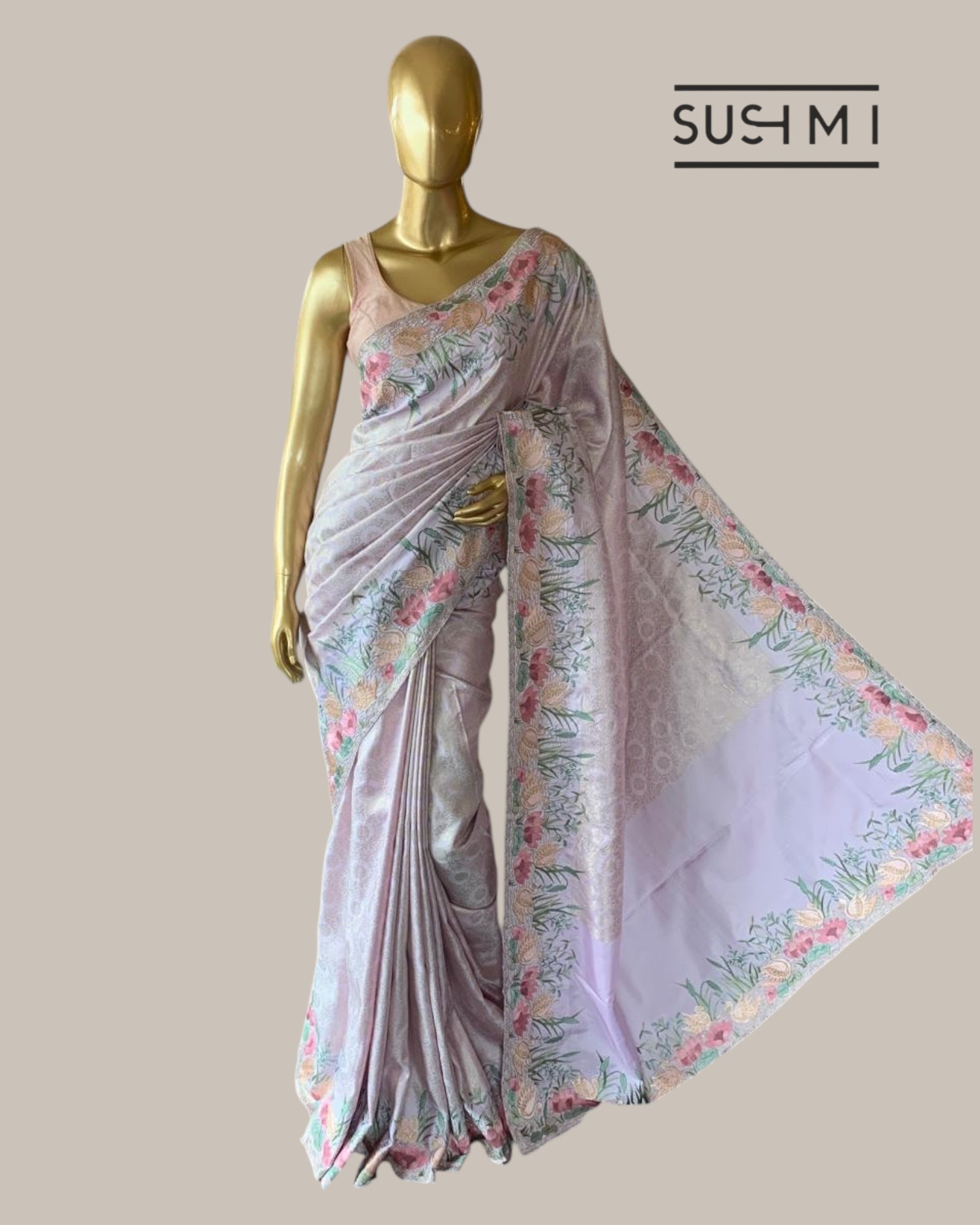 Lilac Kanjeevaram Brocade Saree Beautiful Pond Theme Embroidered Border.
