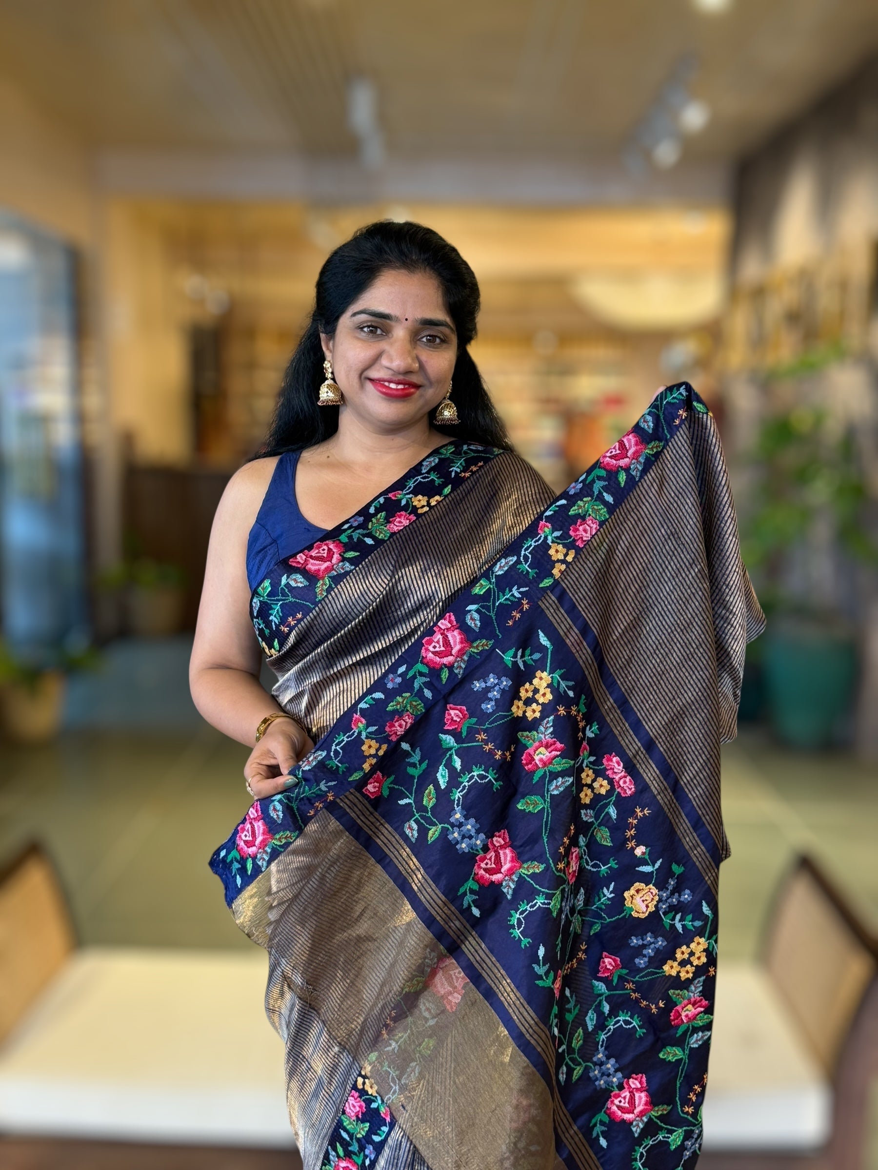Navy Tissue Stripes Saree wth Petite Point Embroidered Border Pallu & BP
