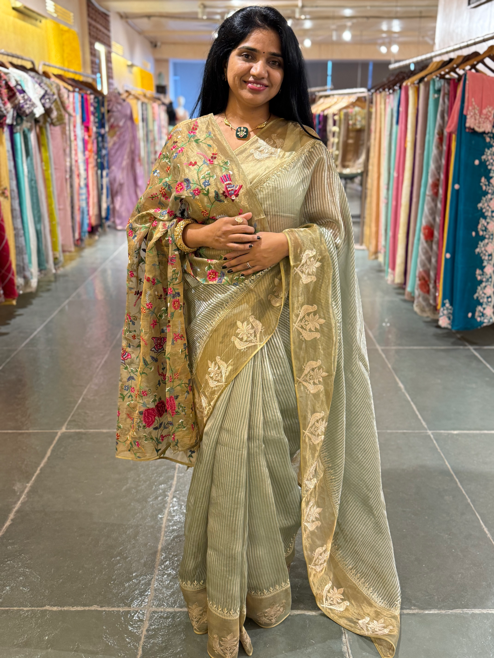 Sage Green Kora Tissue Silver Zari stripes saree wth tissue Embroidered Border