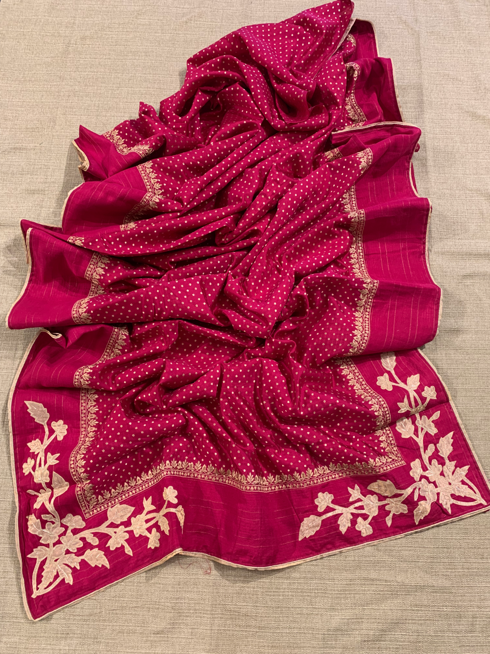 Dark Pink Chiniya Silk Saree with Embroidery Border & Applique Creeper Pallu