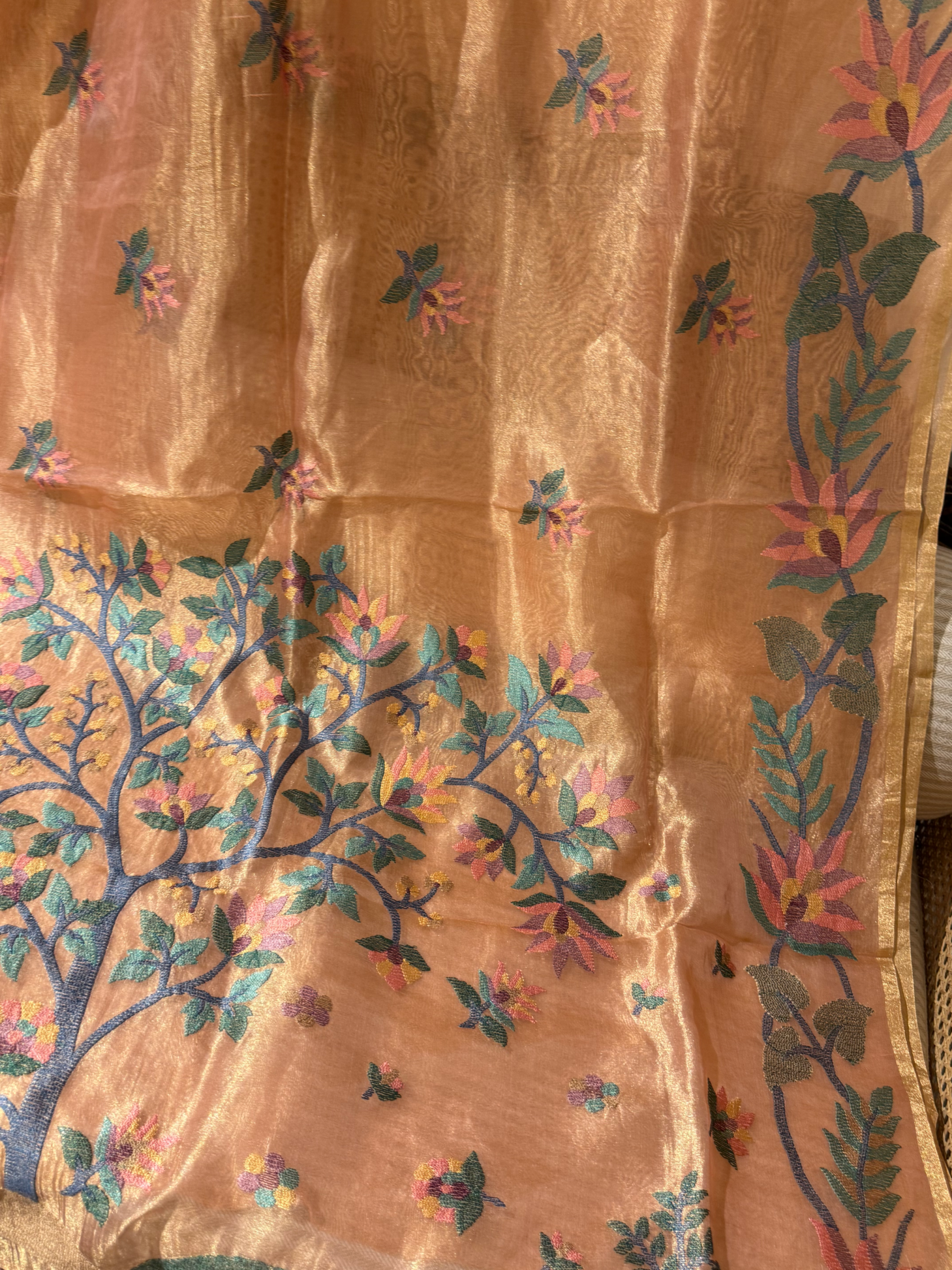 STJA207 : Peach Tissue With Jamdani Look Embroidery
