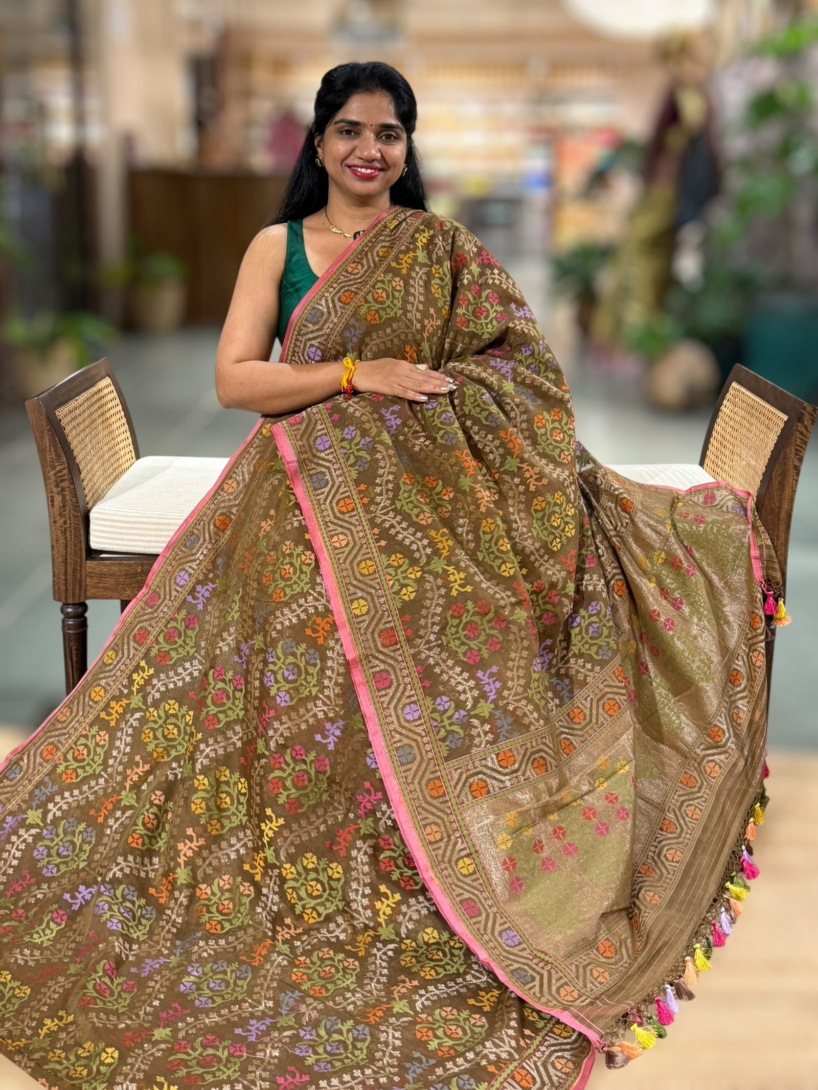 Olive Brown Banarasi Handloom Cotton Cut Jamdani Saree With Allover Meenakari