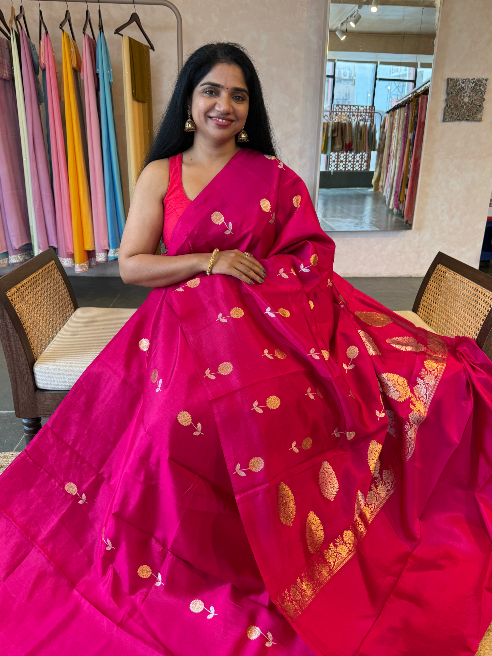 Rani Pink Banarasi Raw Mango Silk Saree with Open Borders & Kaduwa Woven Motifs