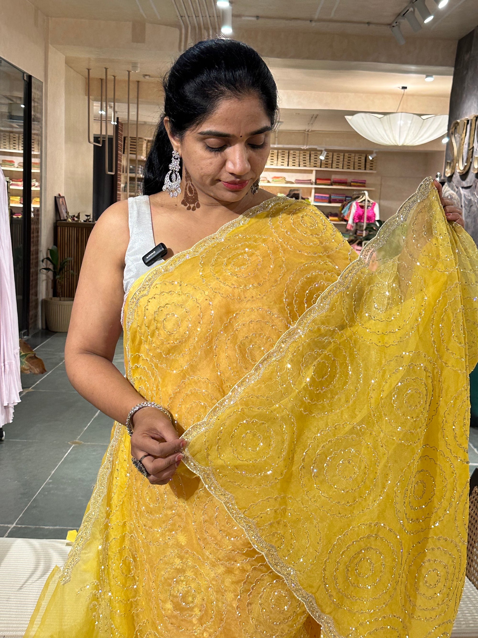 Yellow Organza Cocktail Saree with allover handwork