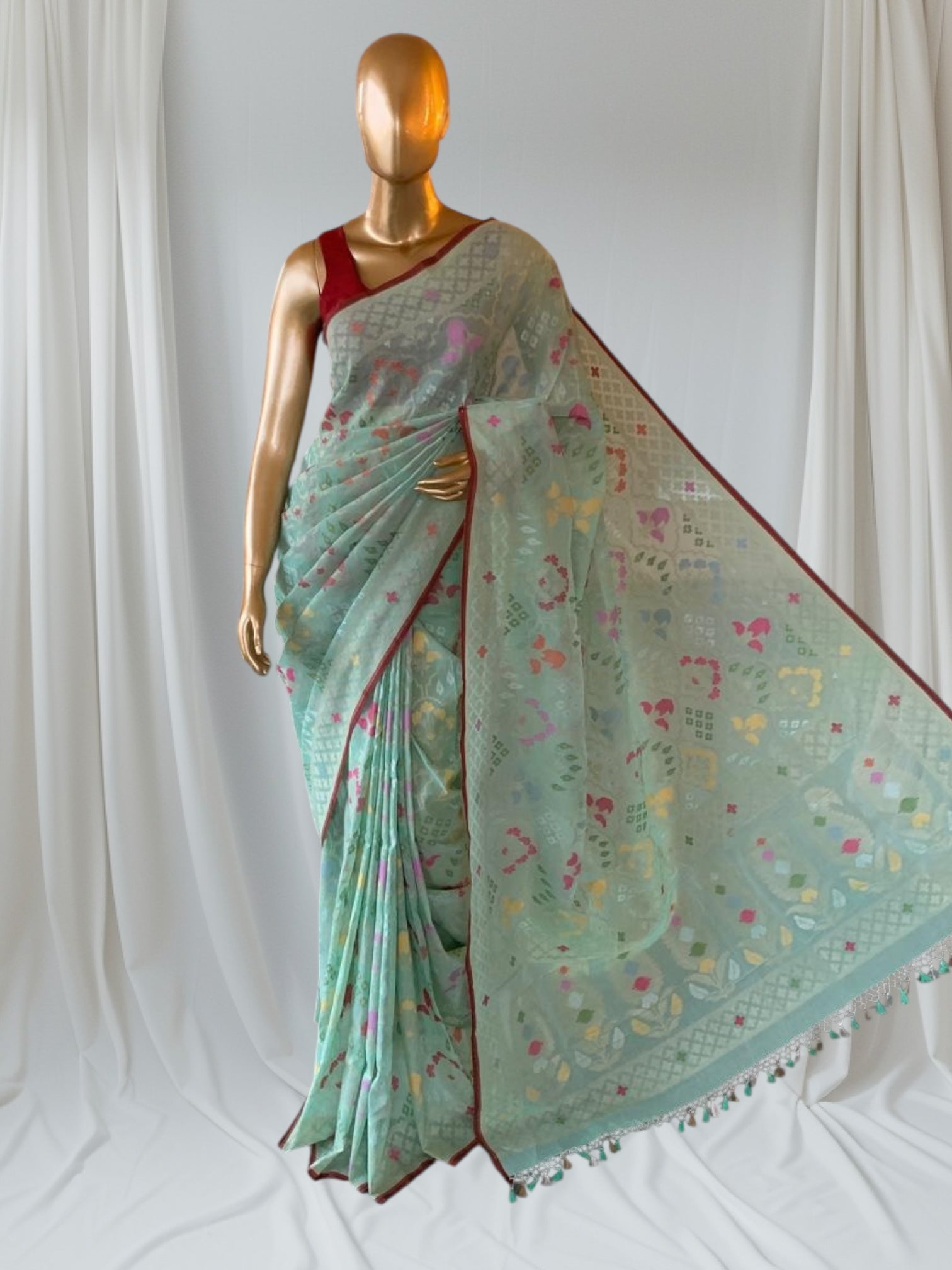 Mint Banarasi Handloom Cotton Cut Jamdani Saree With Allover Meenakari