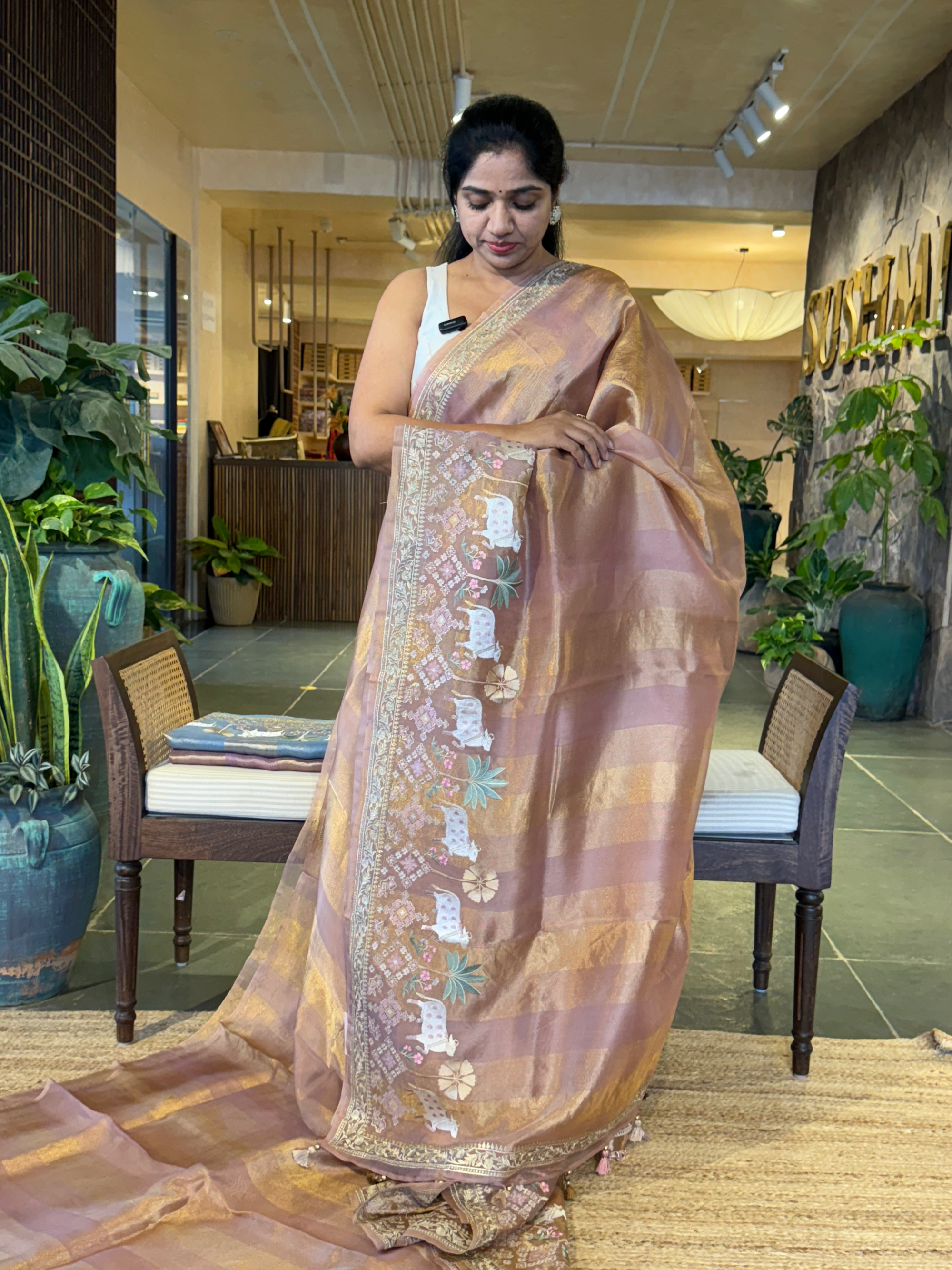 Dusty Pink Kora Tissue Stripes with Pichwai & Jamdani Inspired Embroidery