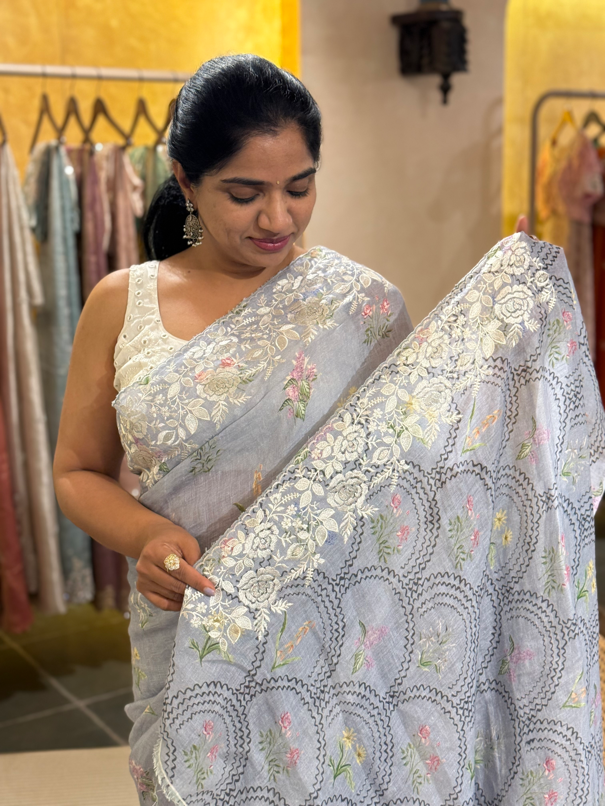 Pure Handloom Lenin Print Saree With  Parsi Gara Style Embroidery