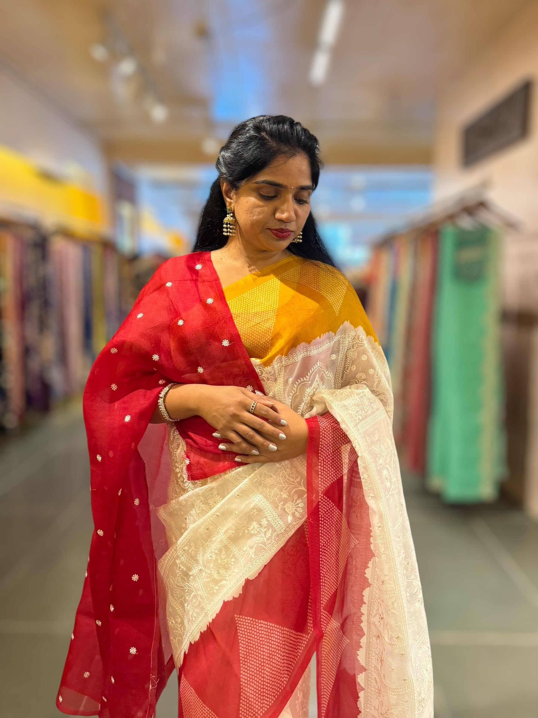 Organza Chikankari Embroidery Saree With Ganga Jamuna Bandhini Temple Borders