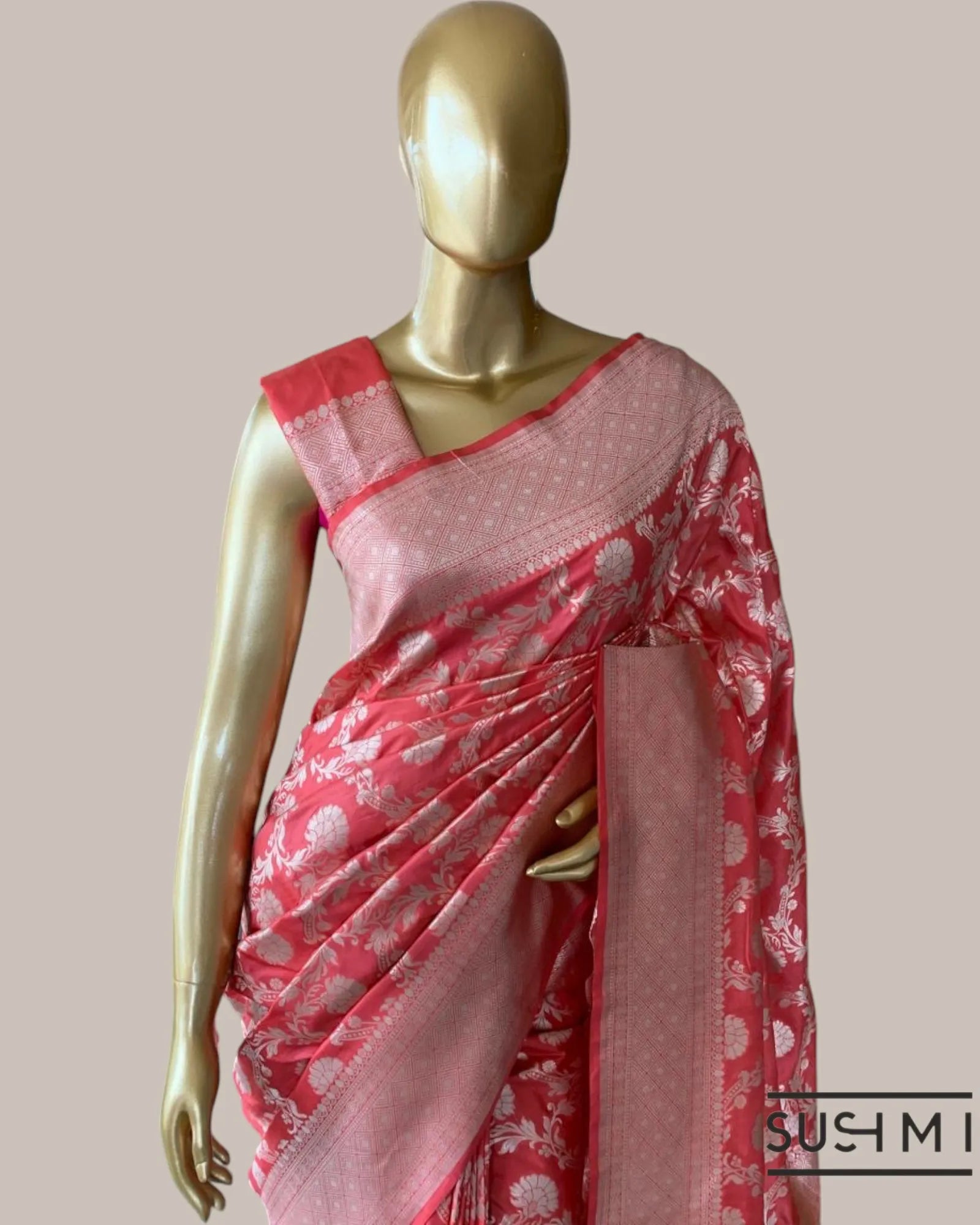 Kanakambaram Color Banarasi Katan Silk Saree with alliver  floral creeper jaal d