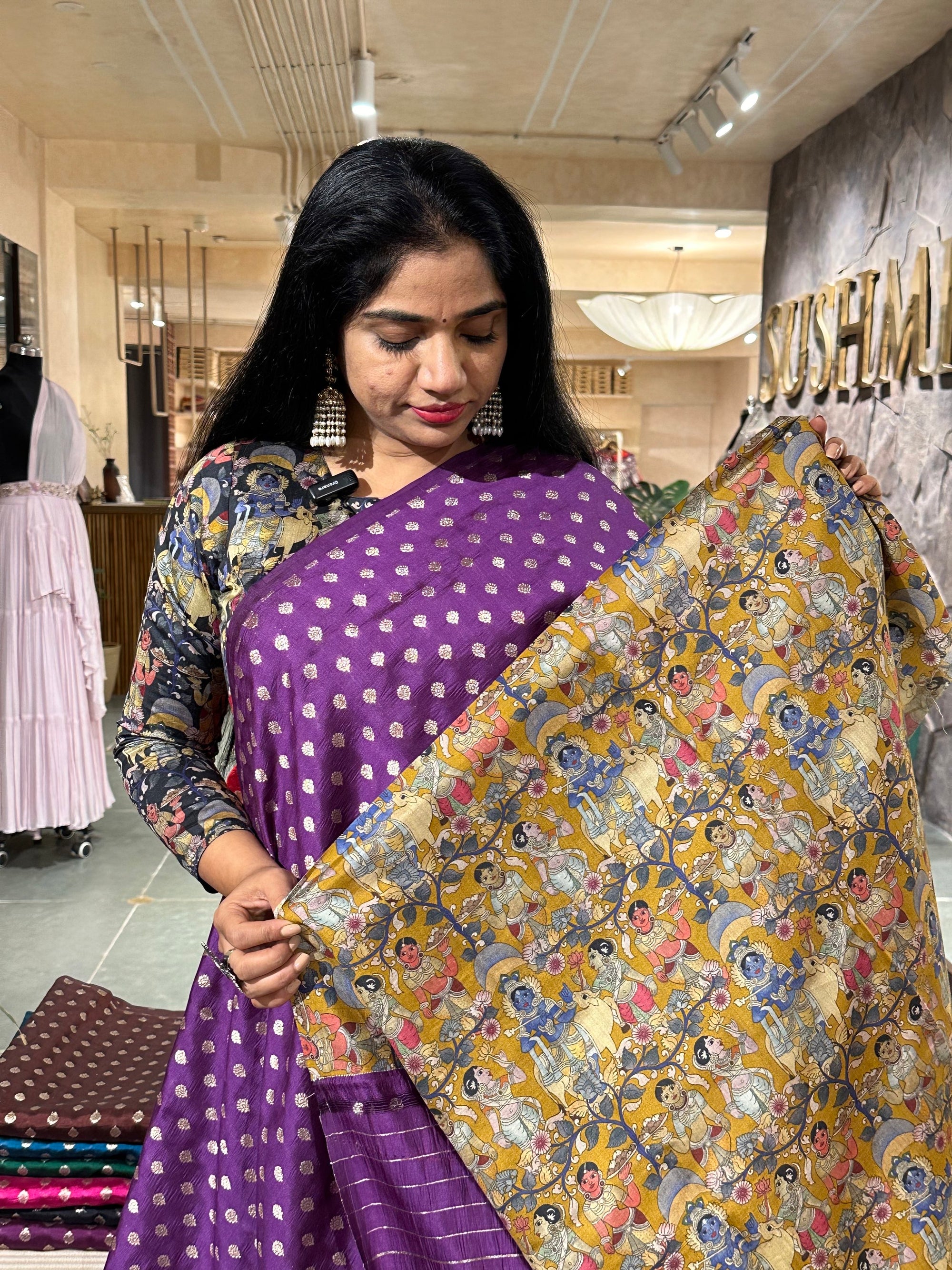 Banarasi chinia silk with krishna theme pallu-purple and mustard combo