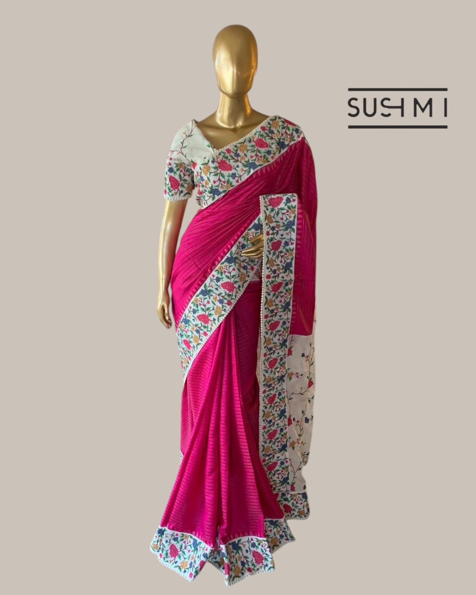 Pink Kanchi Soft Silk Saree With Petite Point Embroidered Border Pallu & Blouse