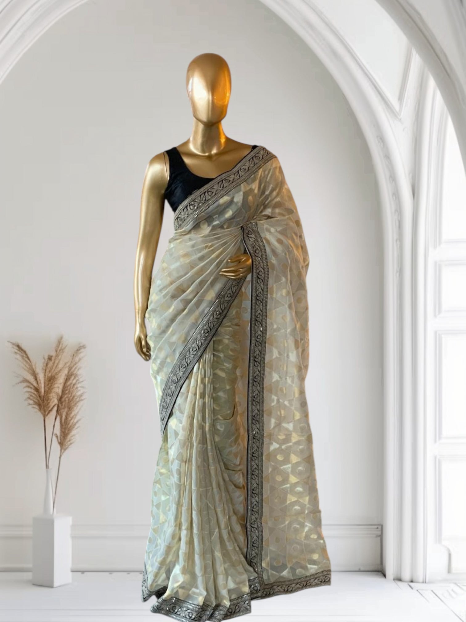Ivory Kora Tissue Saree with Sabyasachi-Style Borders & Heavy Embroidered Blouse