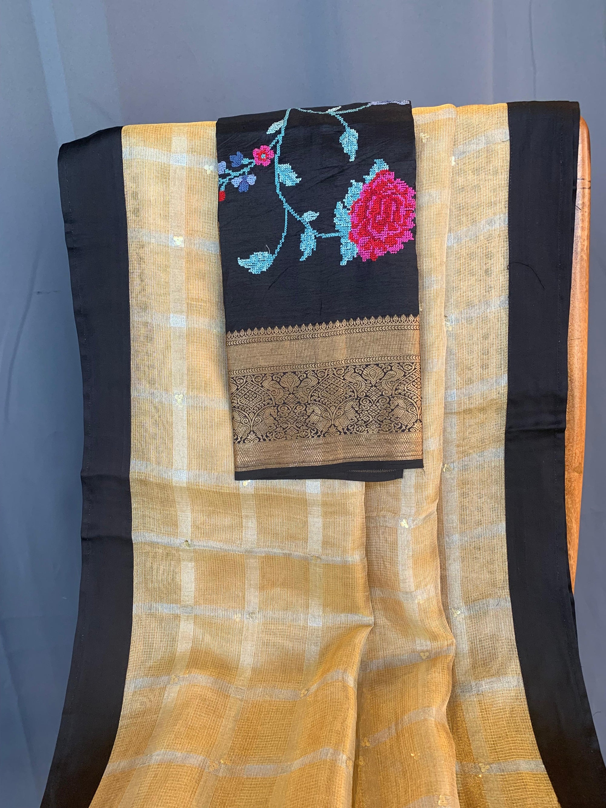 Designer Gold tissue saree with kanchi petite point work blouse