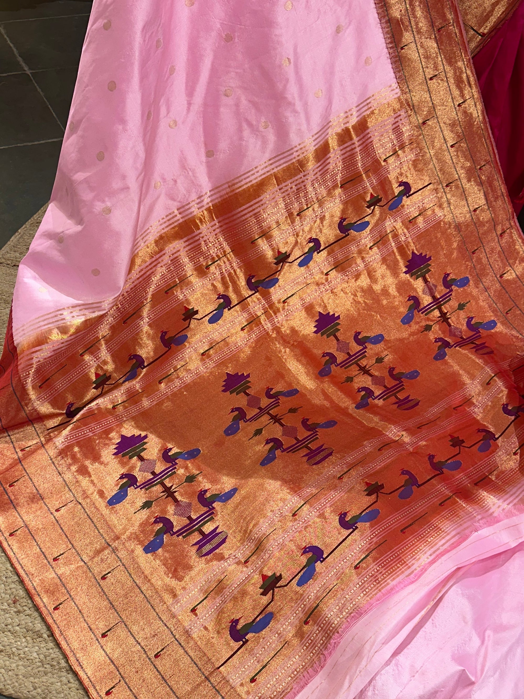 Light Rose Pink Tripple Muniya Pure Handloom Painthani Saree