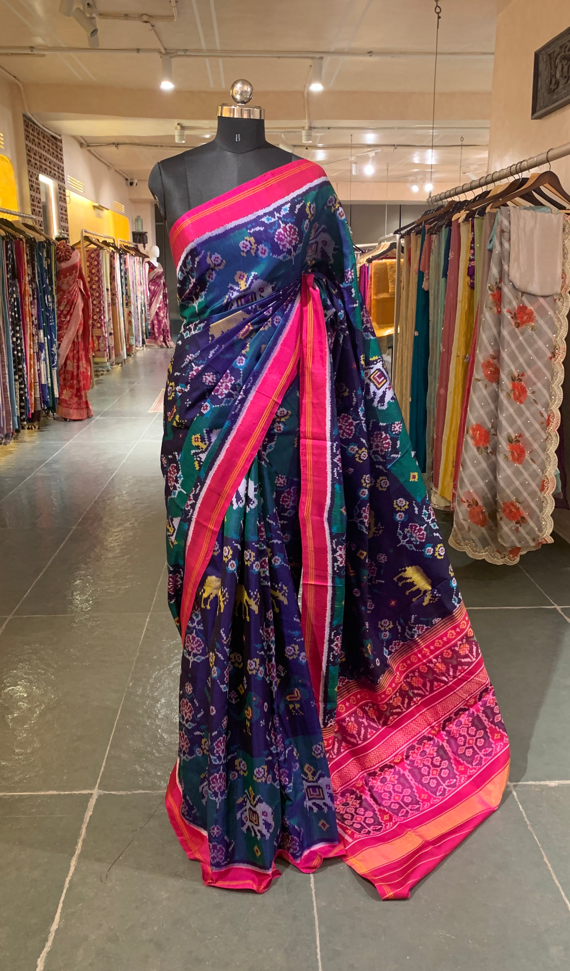 Navy Blue and Peacock Combo Pure Patan Patola Saree
