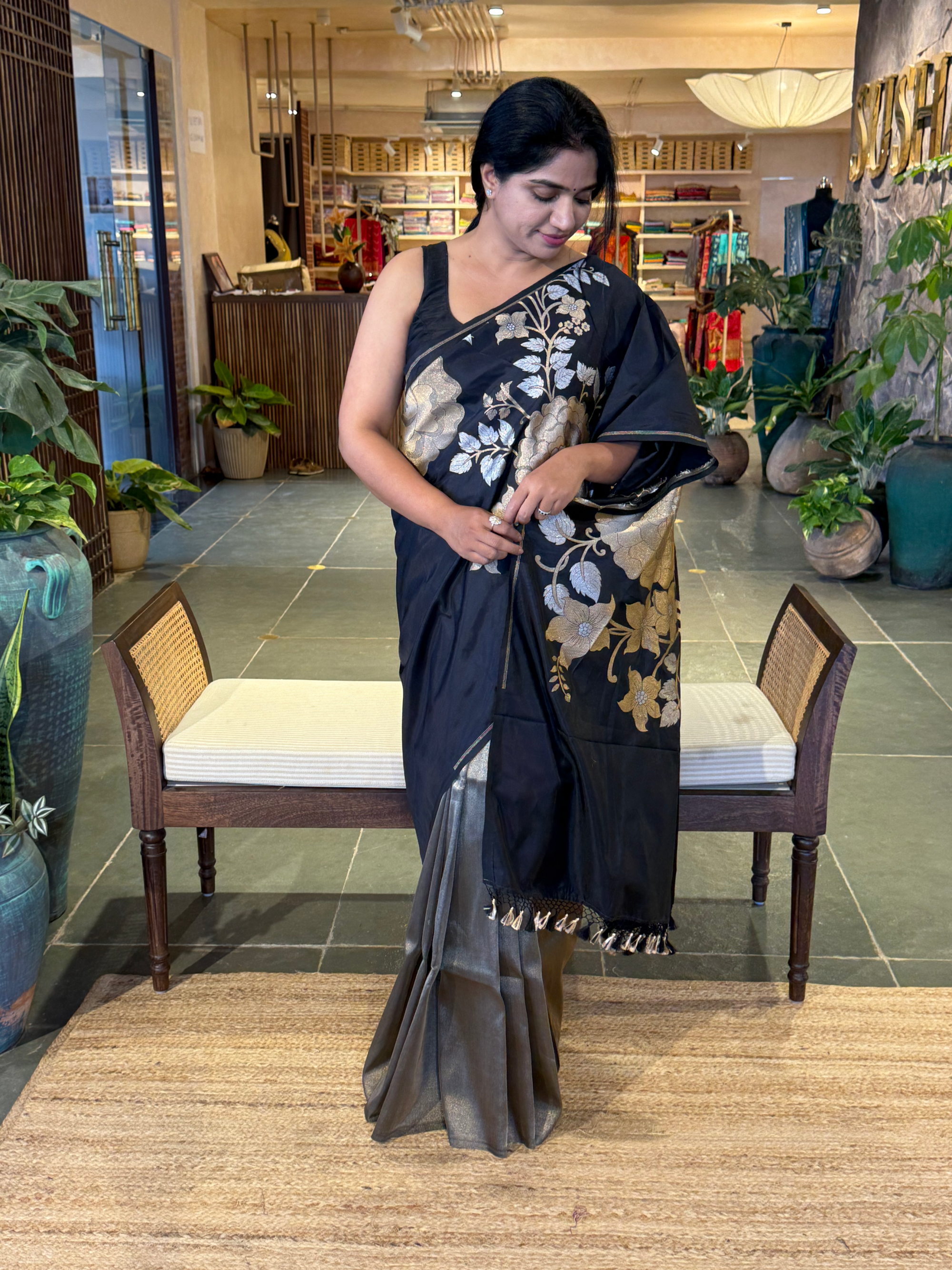 Black and Antique Gold Designer Banarasi Silk Saree