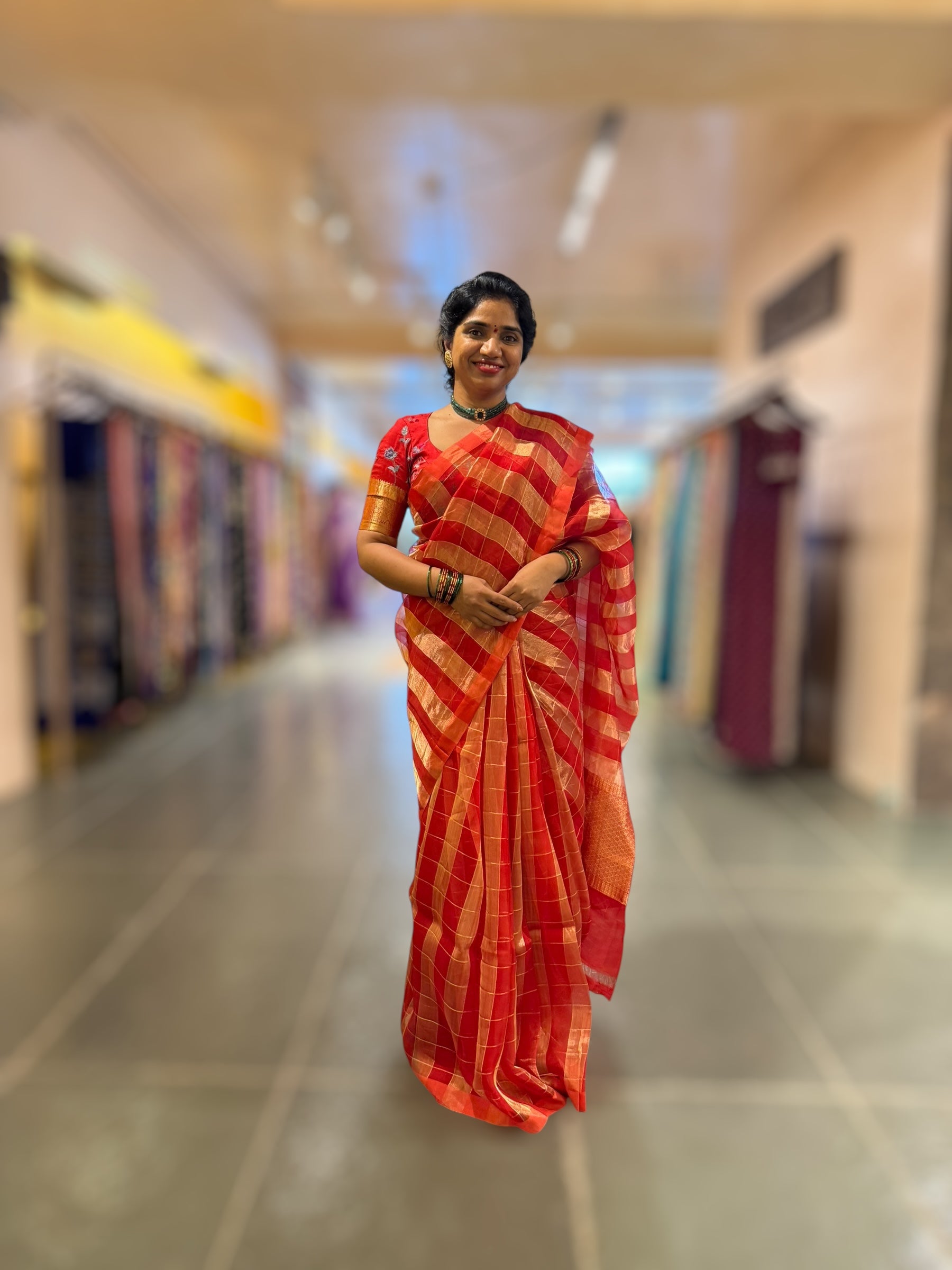 Red Pure Handloom Banarasi Kora Tissue Checks Saree