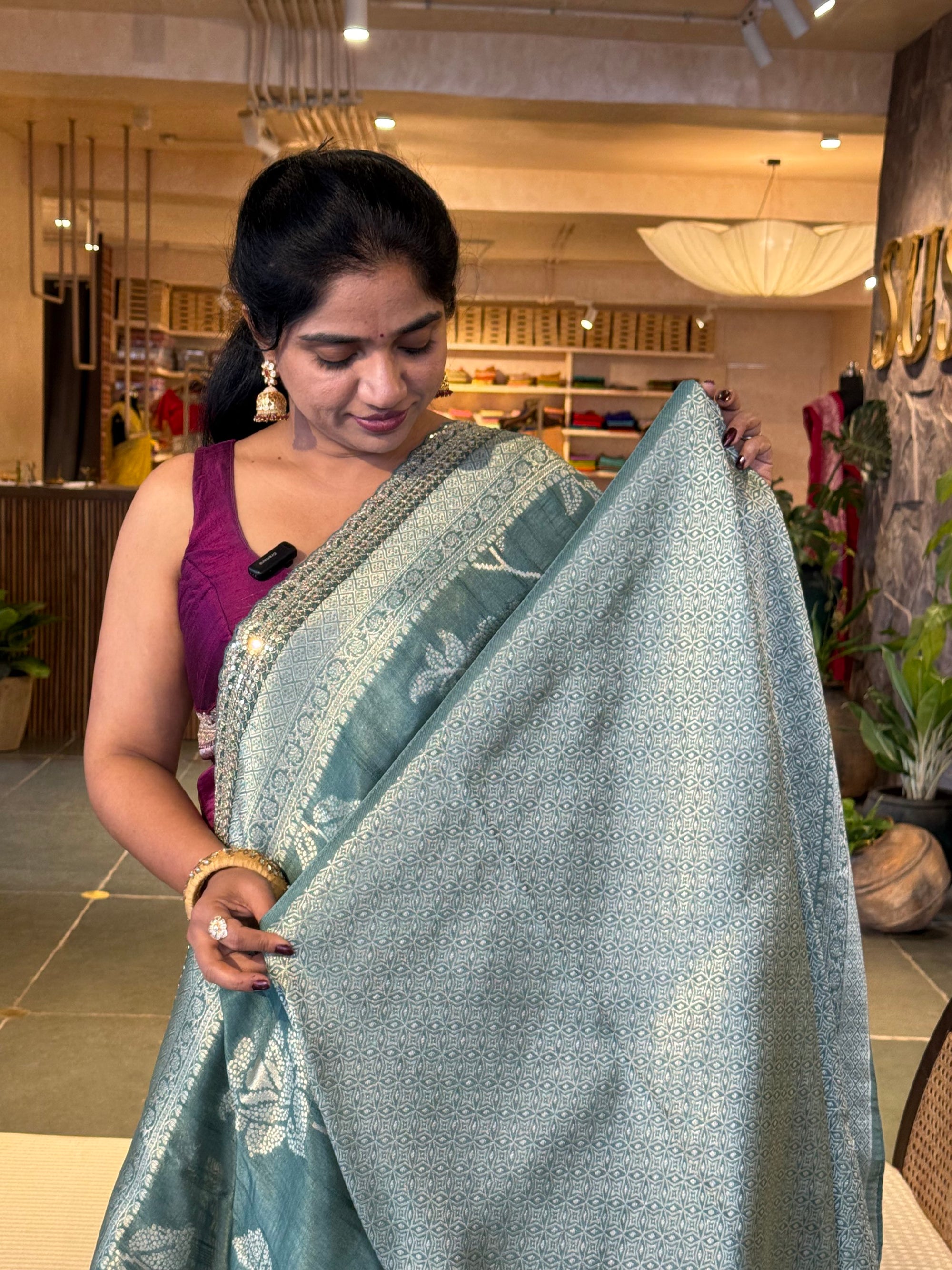 Sage Green Tussar Khaddi Saree wth Allover weaving & sabhyasachi borders STKM15