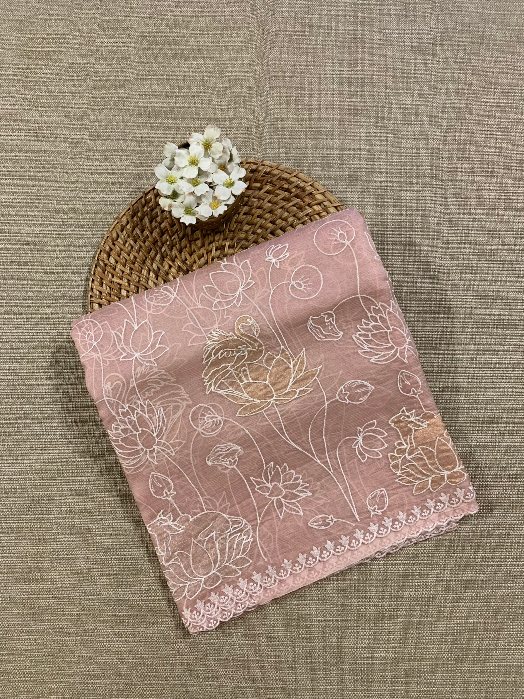 SOAA1606 : Nude Pink Organza Saree with Allover Pichwai Applique Embroidery