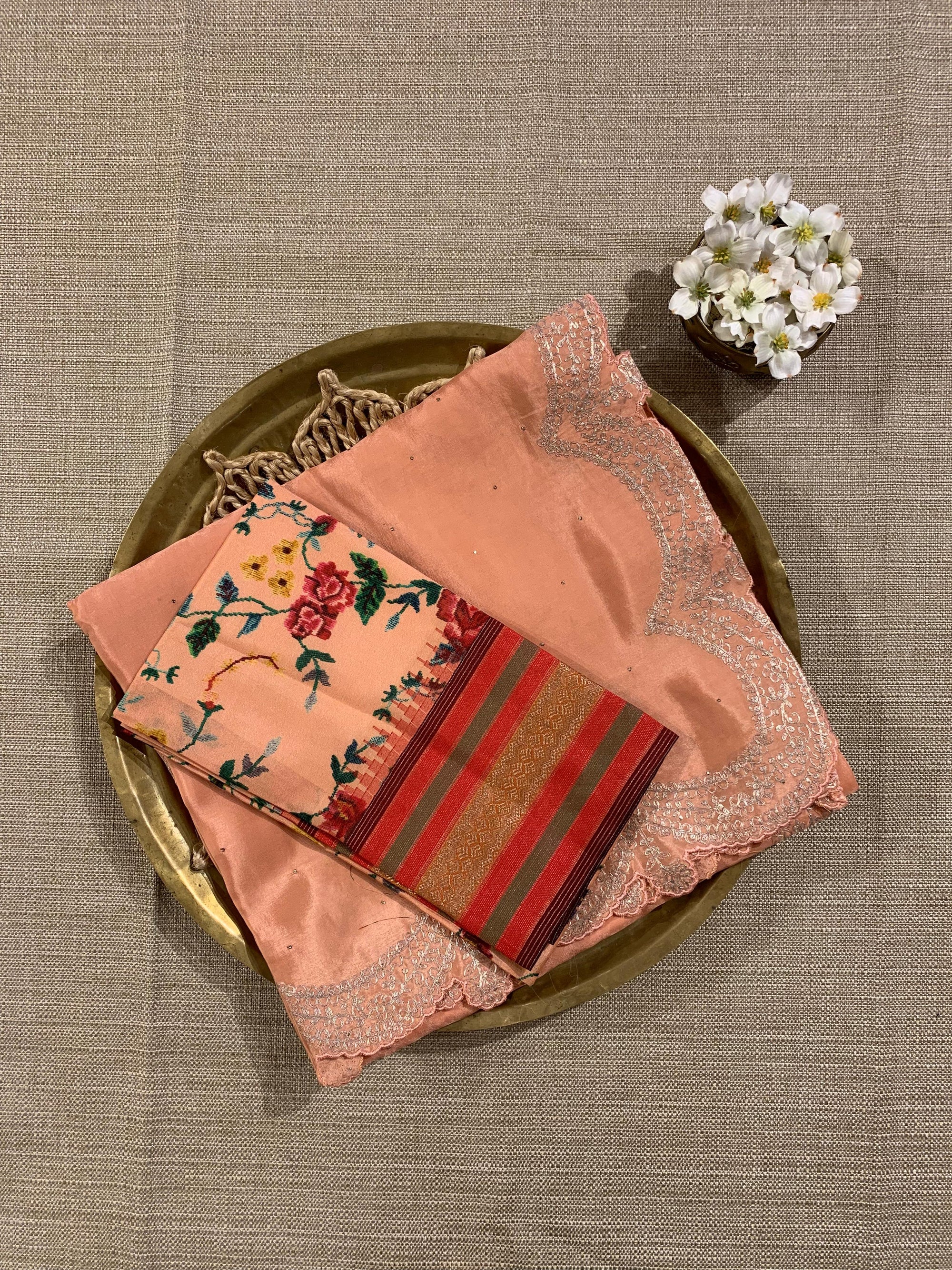 Peach Crepe Silk Saree With Pita Work Scallop Border & Pure Silk Printed Blouse