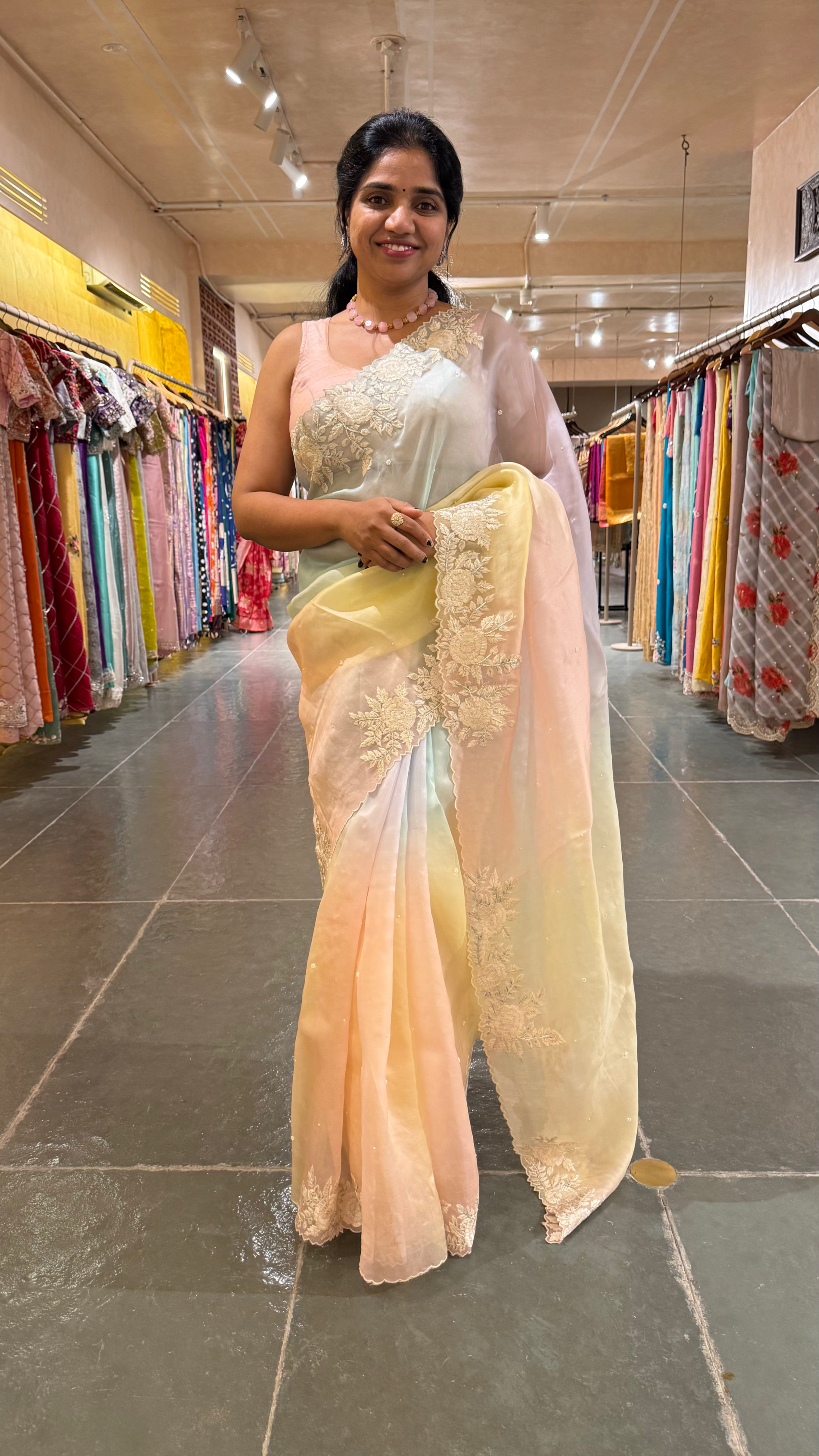 Ombre Dyed Pure Organza Silk Saree with Embroidered Borders