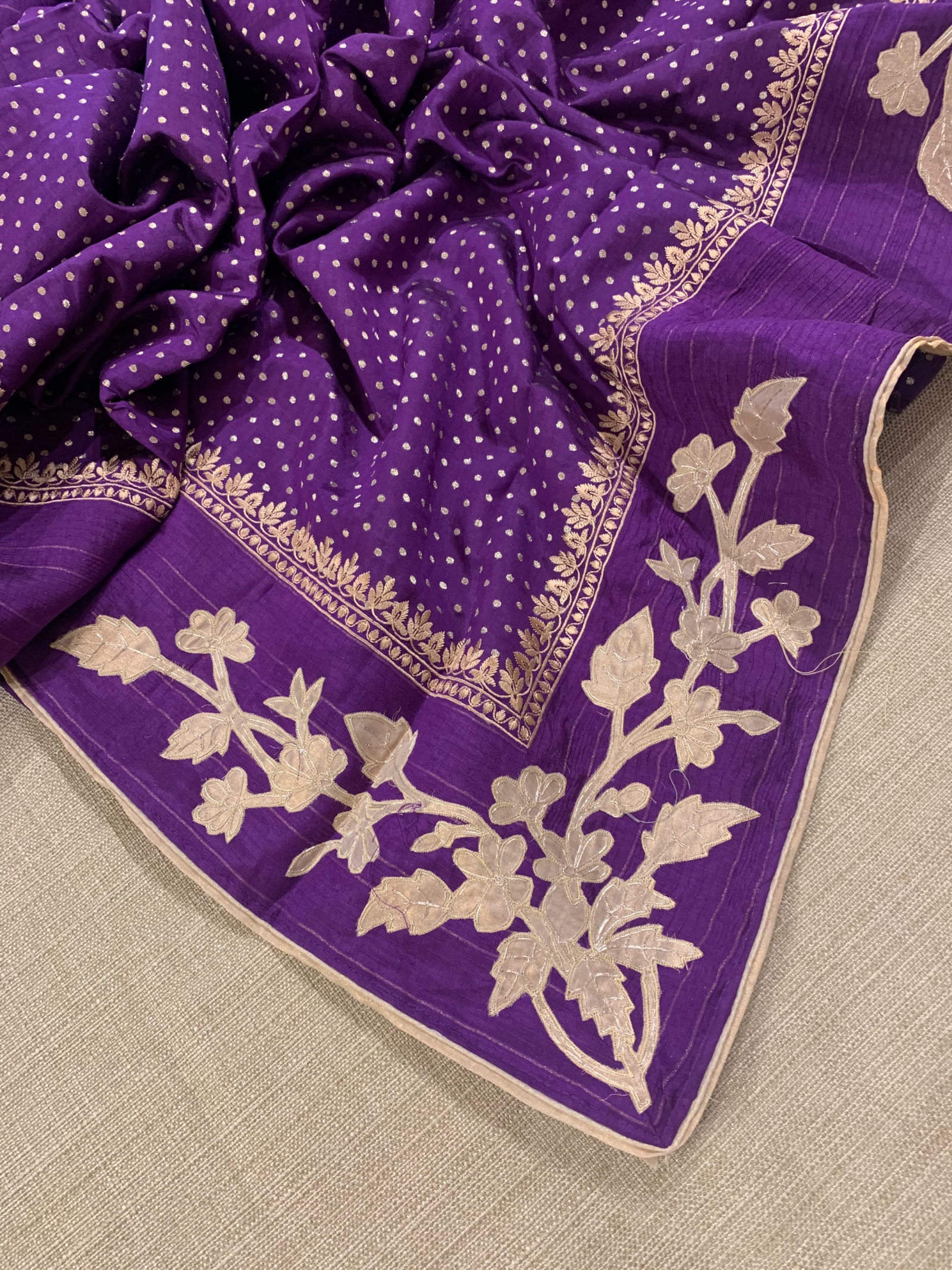 Brinjal Chiniya Silk Saree with Embroidery Border & Applique Creeper Pallu