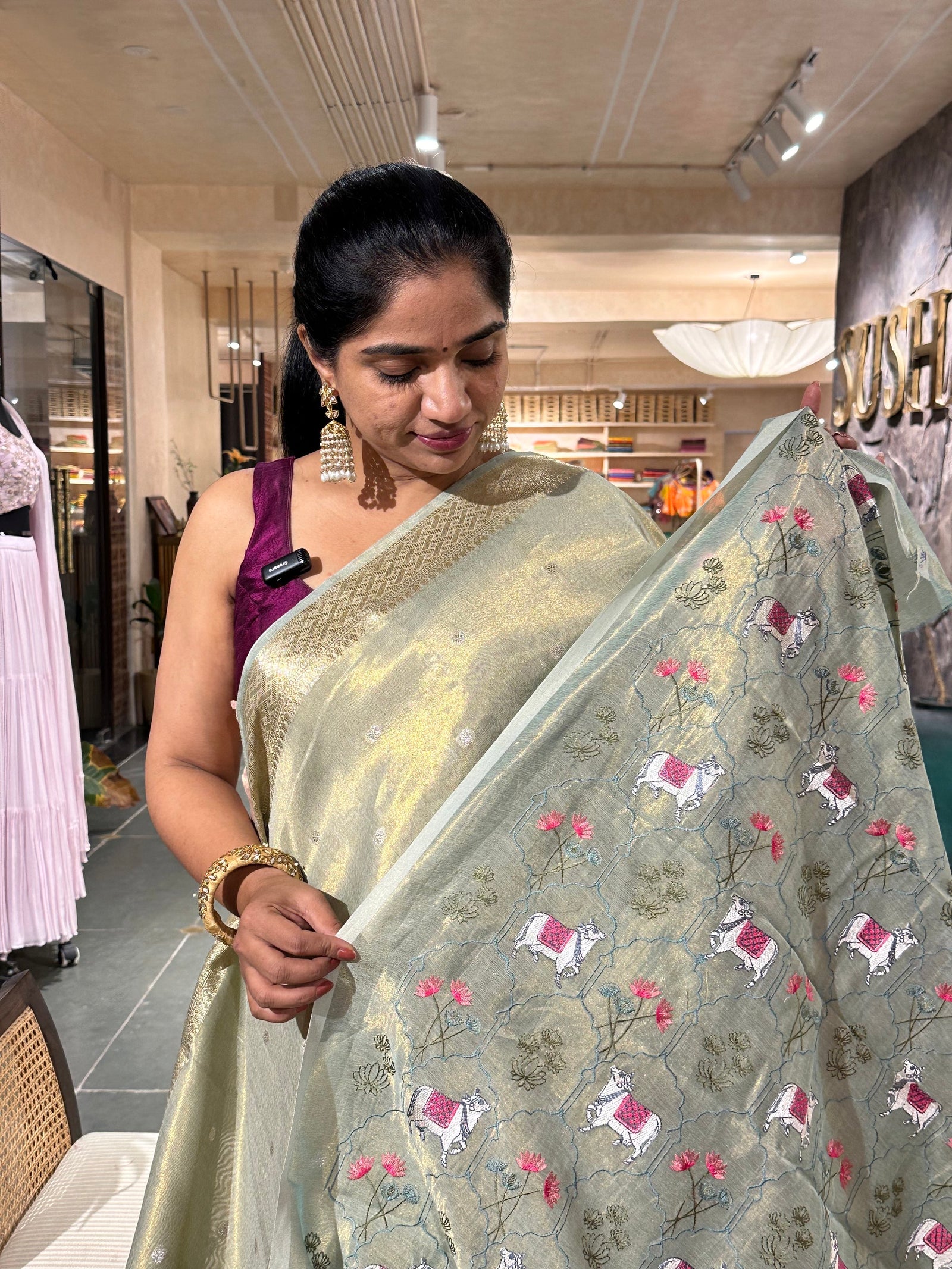 Light mint Green Cotton Tissue Saree with allover  Embroidery Blouse