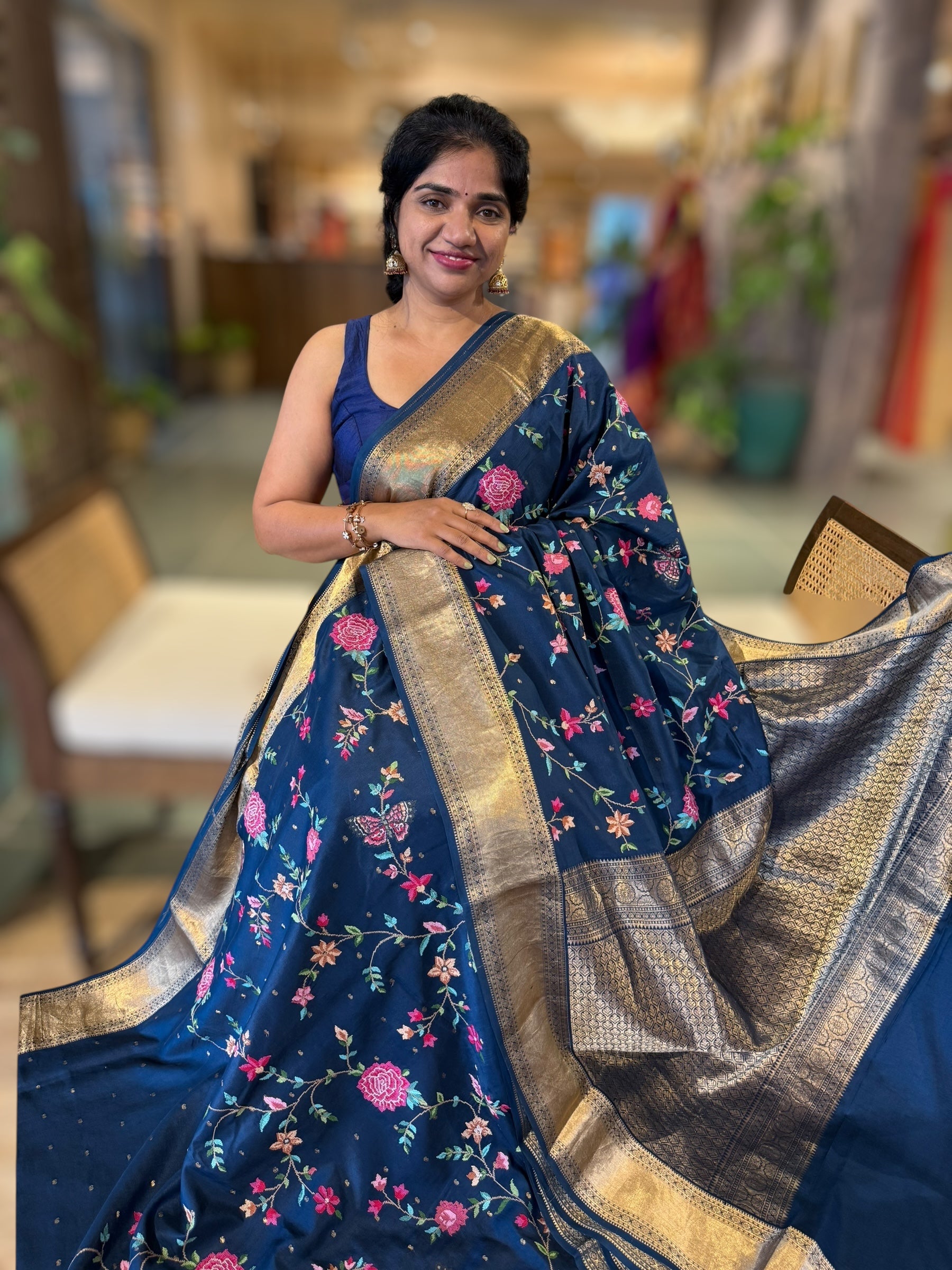 Midnight Blue Kanchi soft Silk Saree With Allover Petite Point Embroidery