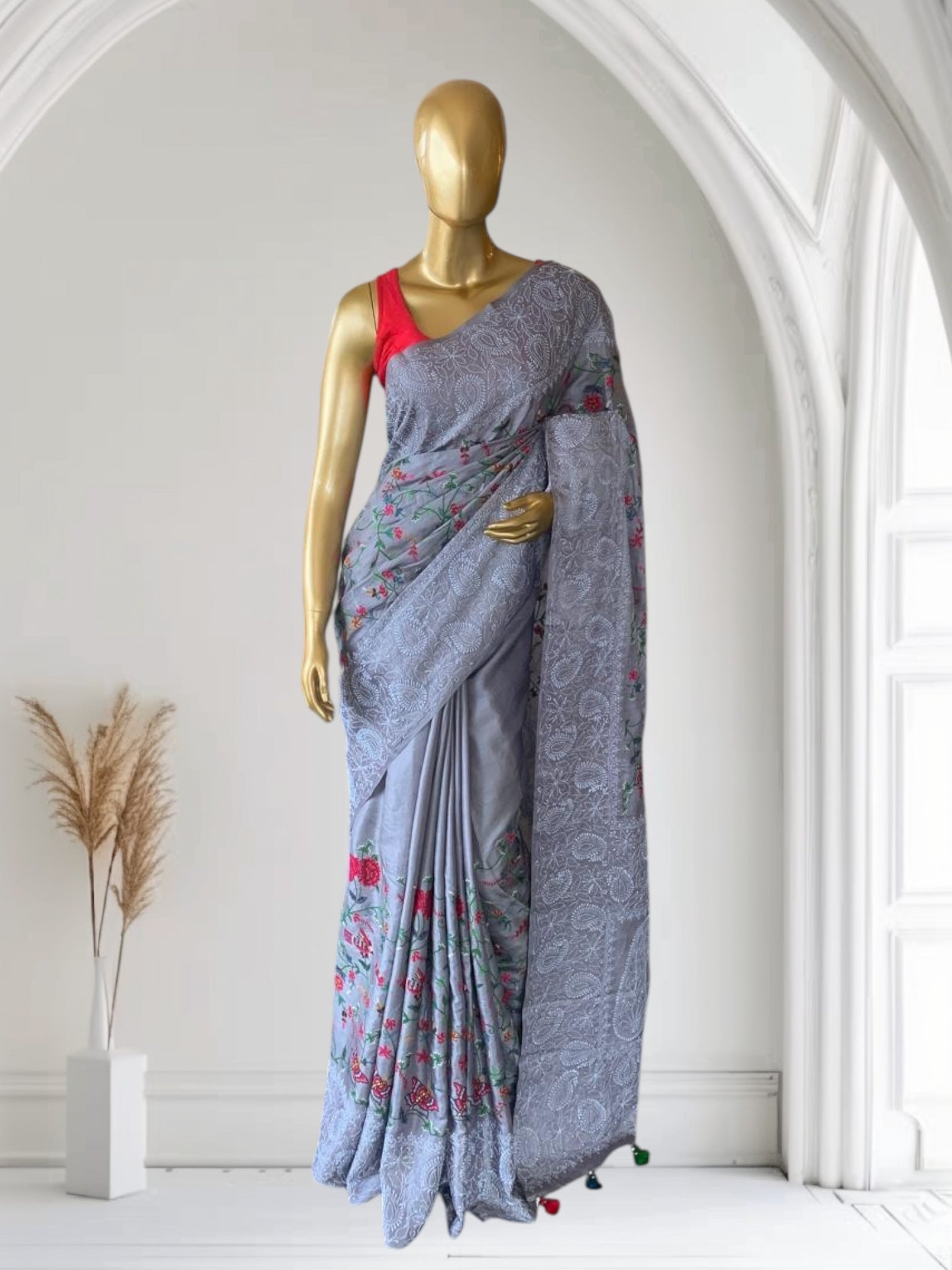 Tussar Saree With Petite Point Embroidered body & Hand lucknowi border & Pallu