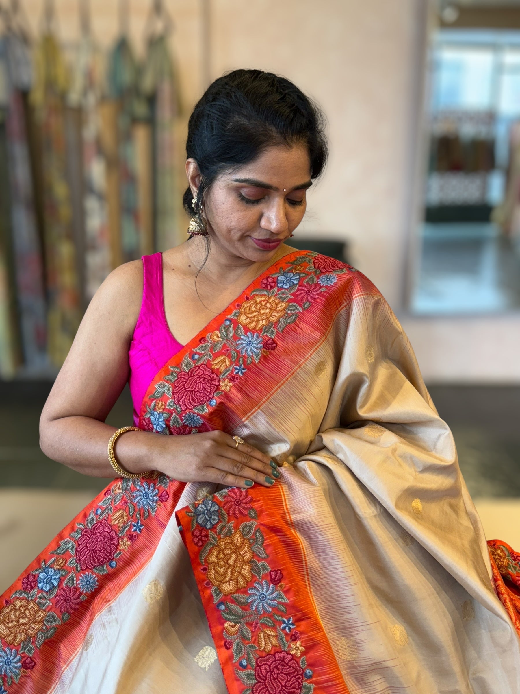 Champagne Gold Kanchi Silk Saree in With Petite Point  Embroidered Border