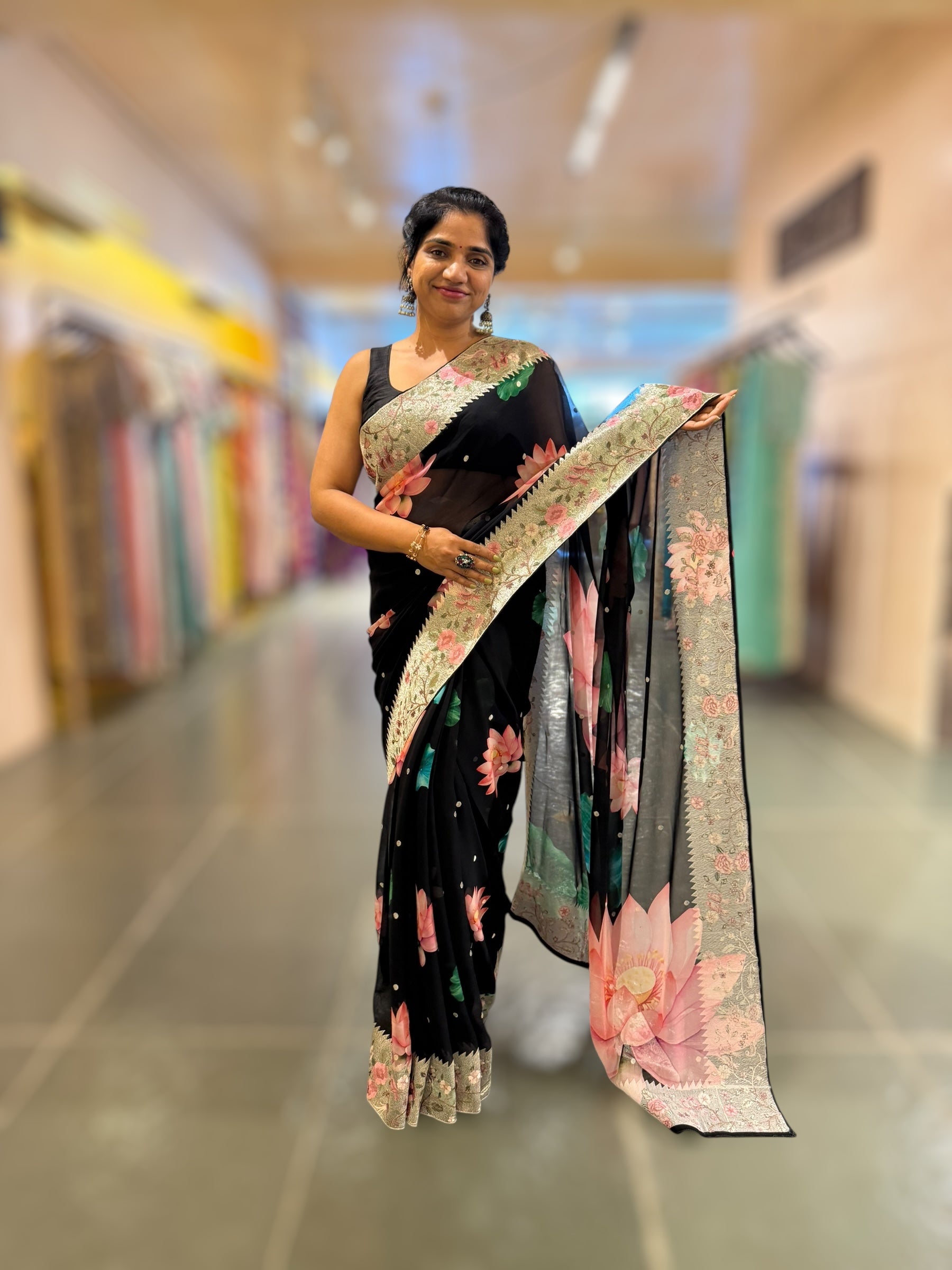 Black Printed Gorgette Saree With Tissue Embroider Border