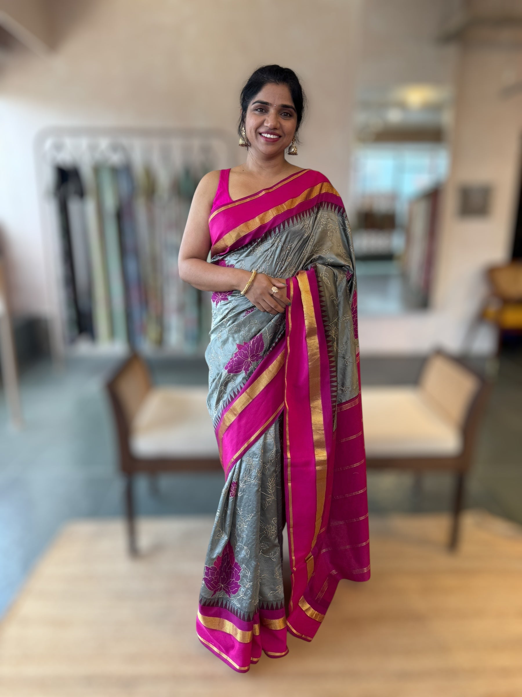 Silverish Grey Kanchi Silk Saree in With Allover Pita & Applique work