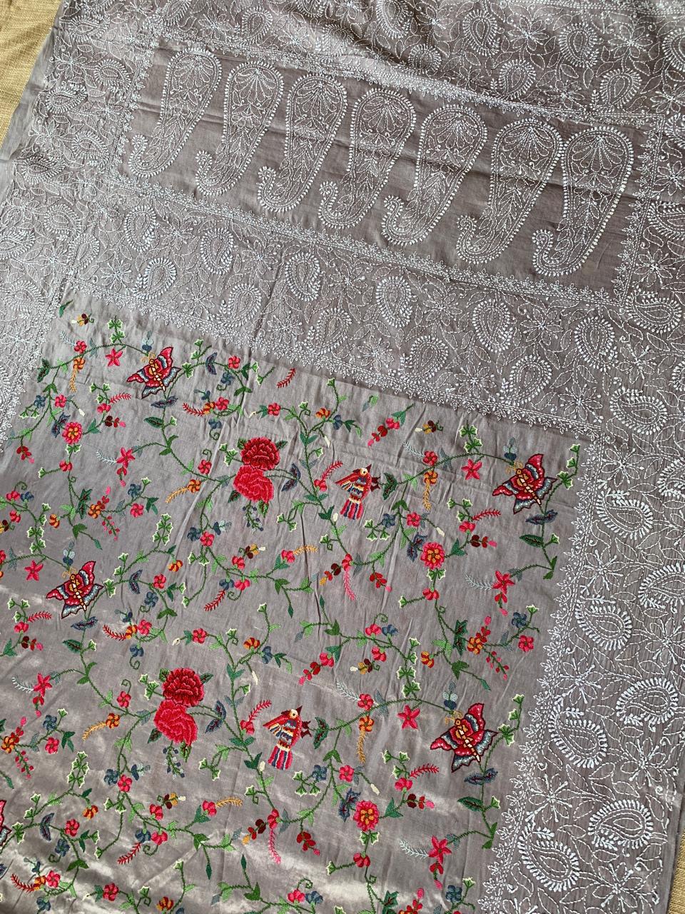 Tussar Saree With Petite Point Embroidered body & Hand lucknowi border & Pallu
