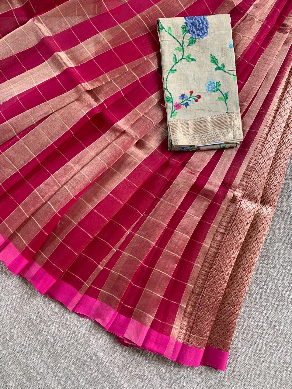 Pink Pure Handloom Banarasi Kora Tissue Checks Saree