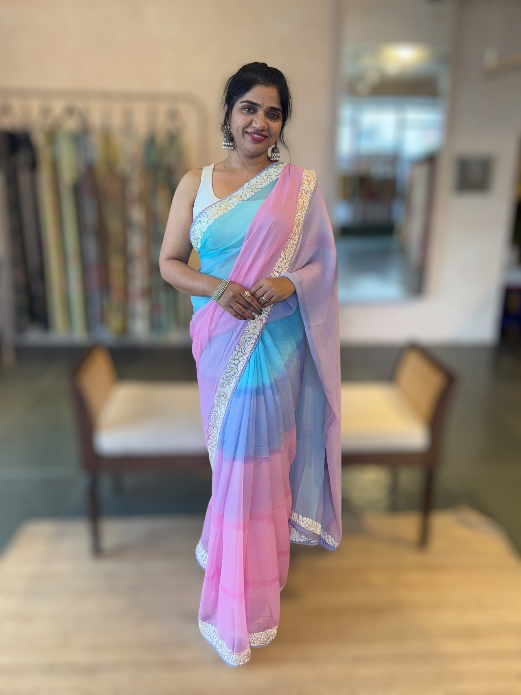 Pure Chiffon Saree with Ombre Brush dyeing & Parsi Gara Embroidered Border