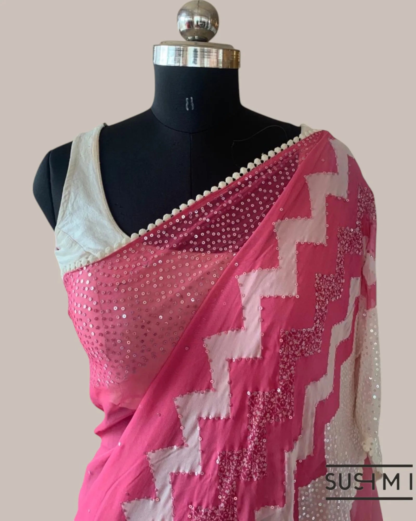 Coral Pink Pure Gorgette Saree With Zigzag Pattern Sequnce Border