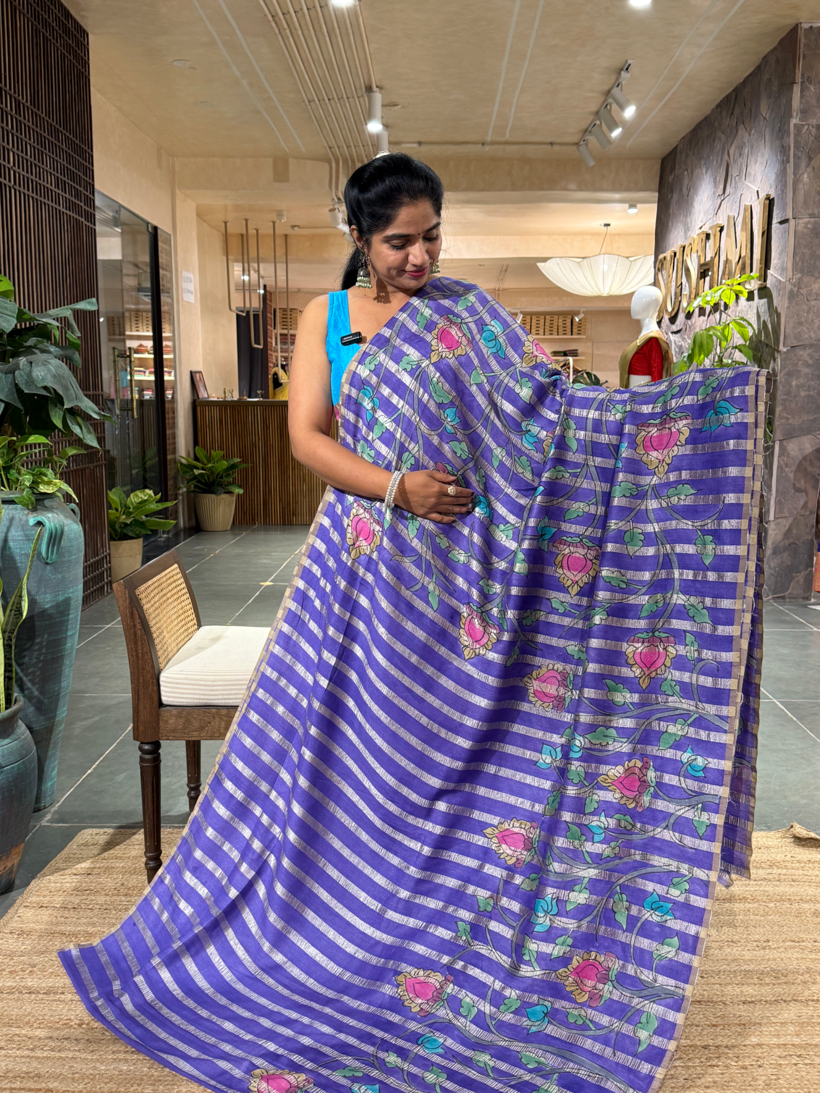 SMTKM172 Pure Handloom Munga Silk Wth Tissue Stripes & Penkalamkari Handpainting