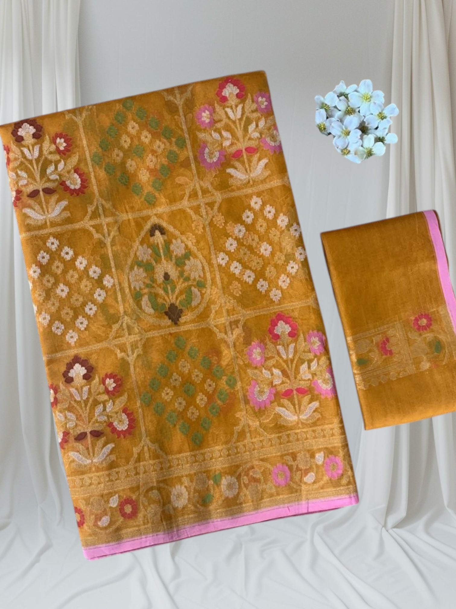 Mustard Banarasi Handloom Kora  Cut Jamdani Saree With Allover Meenakari