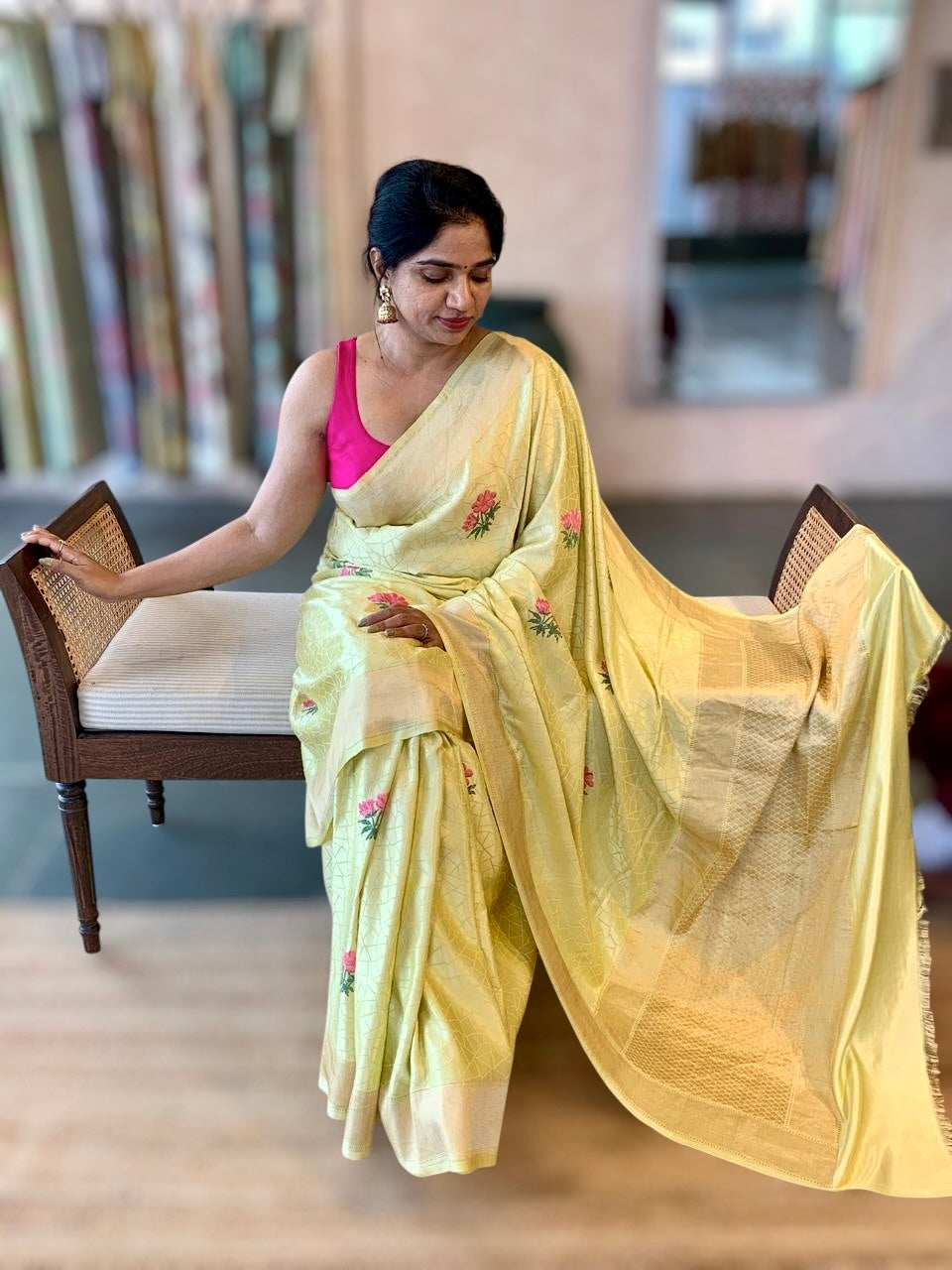 Lime Green Designer Banarasi Mashru Silk Saree with Petite Point Embroidered flo