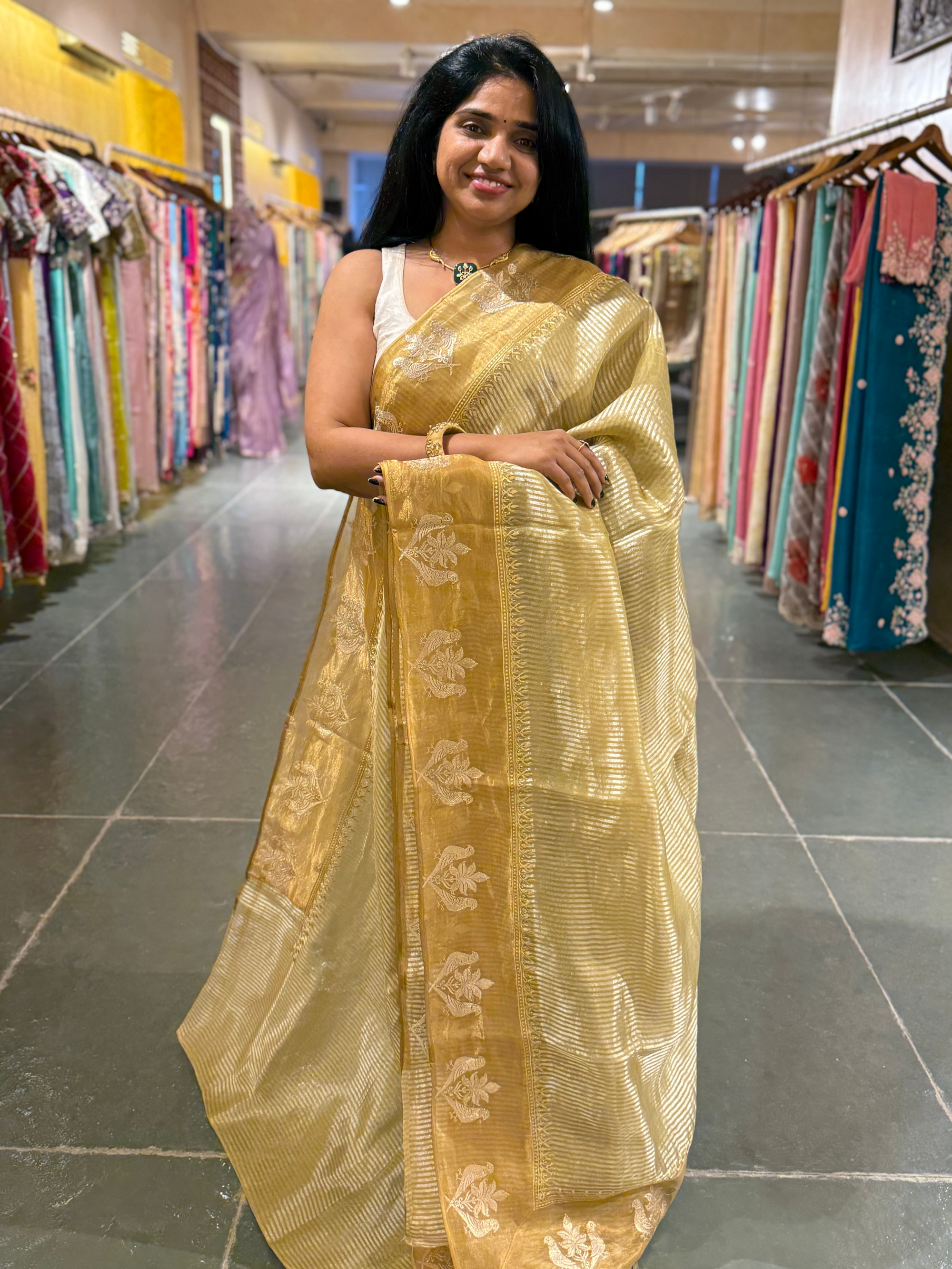 Lime Yellow Kora Tissue stripes saree wth tissue Embroidered Border
