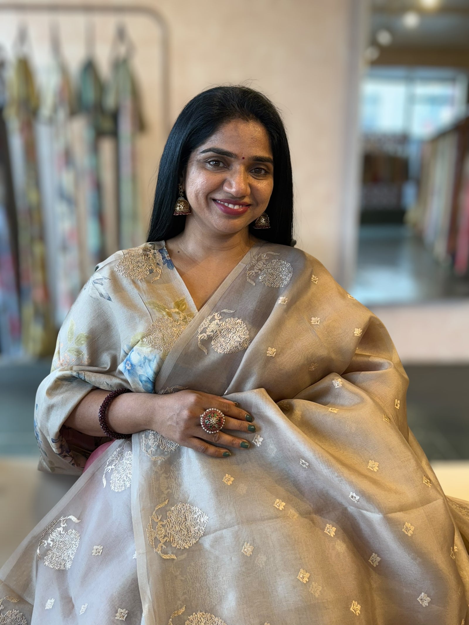 Dusty Tone Organza Saree wth Embroidered Open Border With Tussar Printed Blouse
