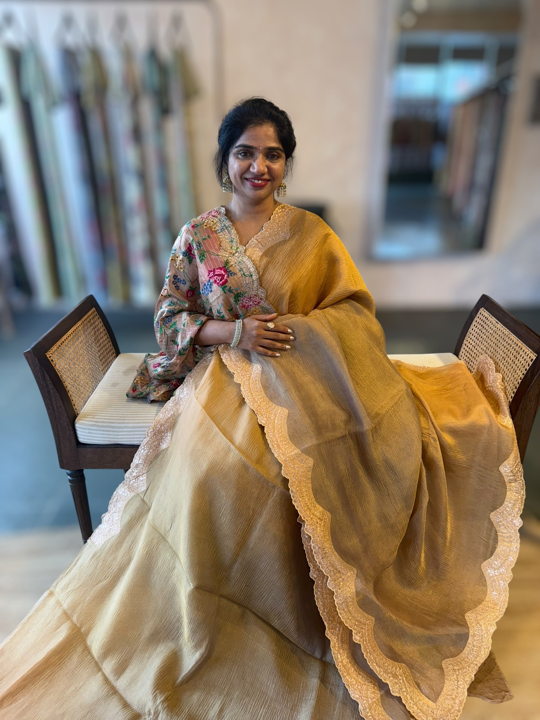 Ombre Dyed Crush Tissue Saree With Pitawork Border & Petite Point Embroidered BP