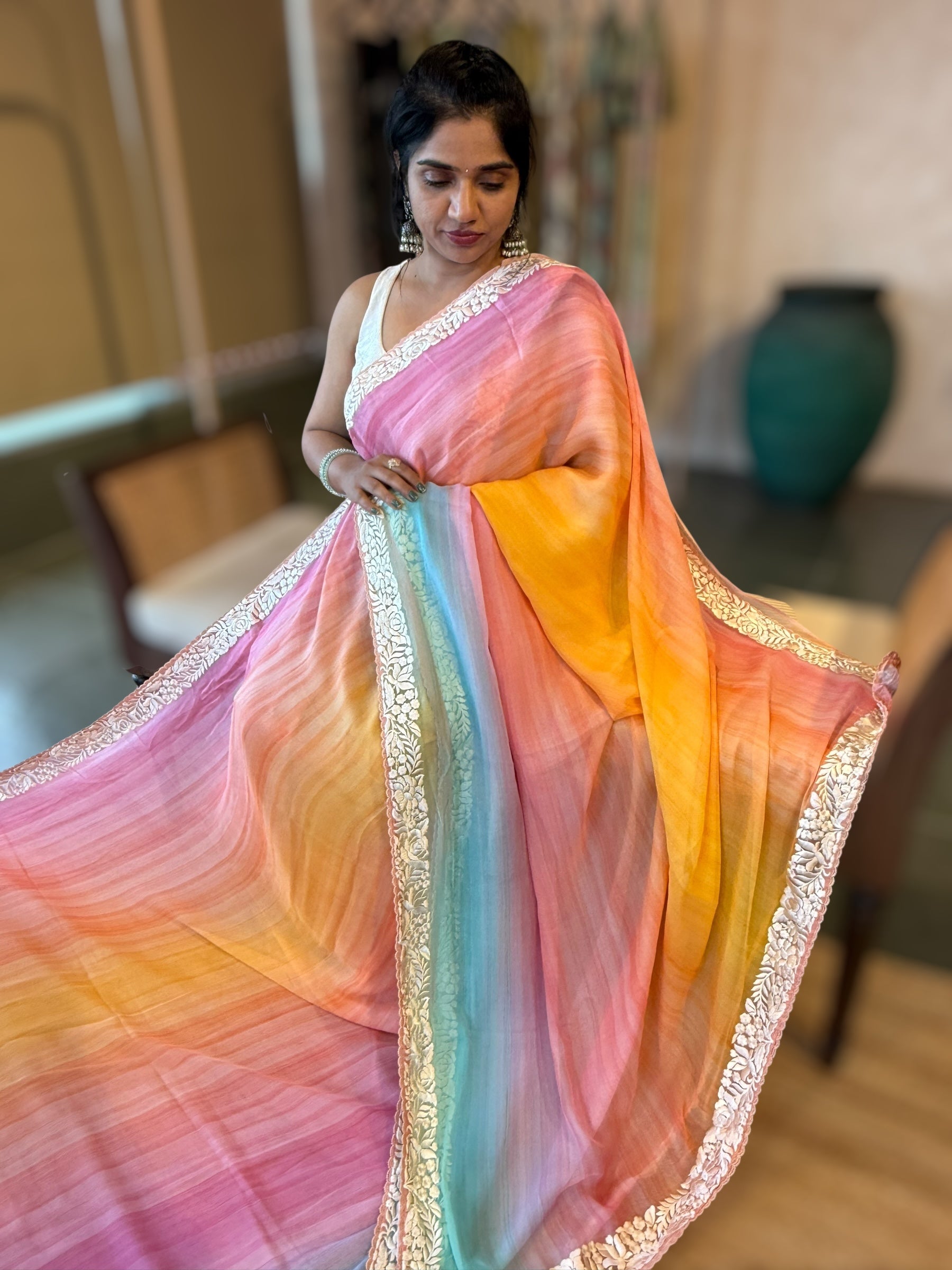 Pure Chiffon Saree with Ombre Brush dyeing & Parsi Gara Embroidered Border