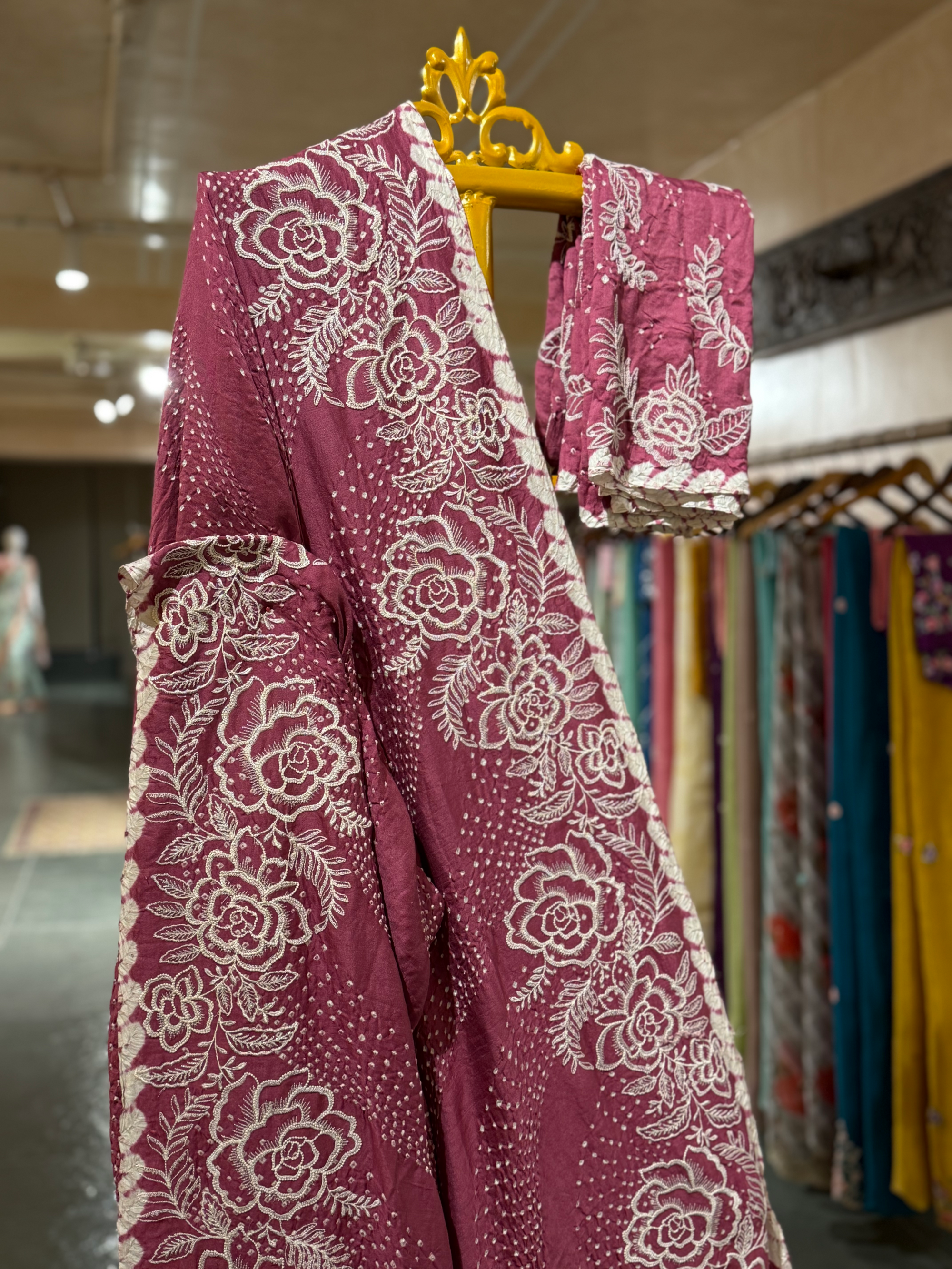 Dark Onion Pink Pure Gajji Silk Rai Bandhej Saree with Outline Embroidery